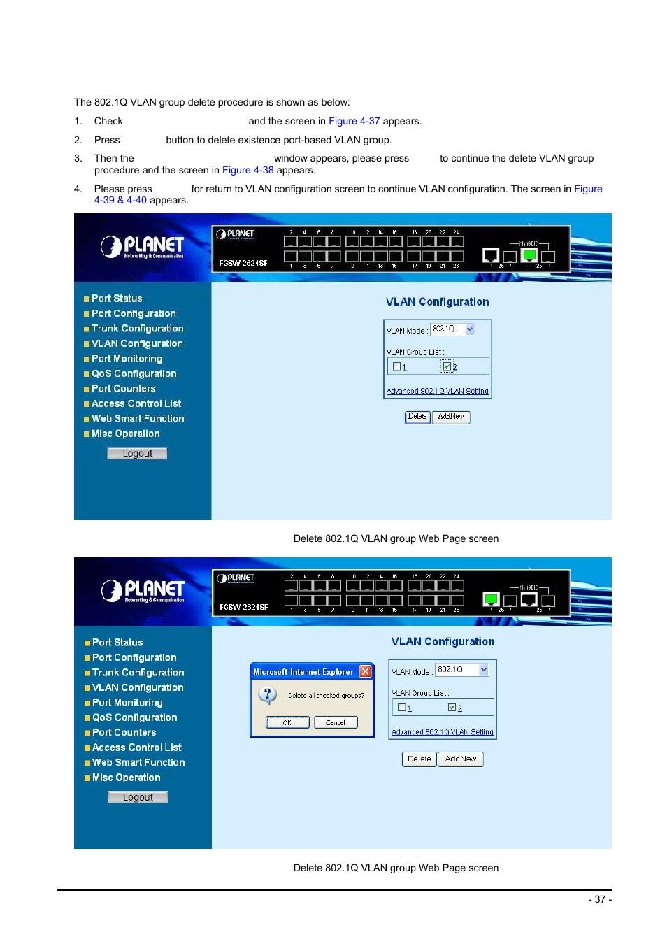 8 delete existence 802.1q vlan group | Planet Technology FGSW-2624SF User Manual | Page 37 / 89