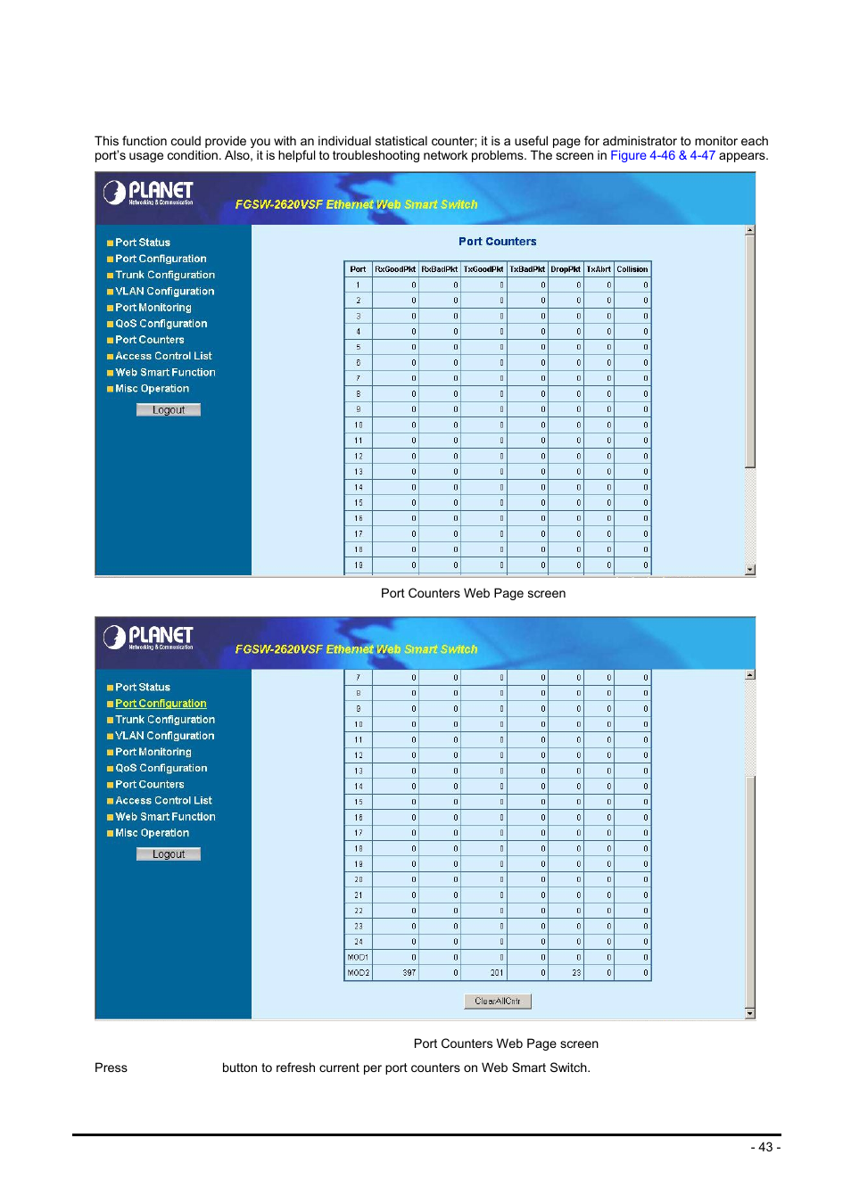 8 port counters, Ort counters | Planet Technology FGSW-2624SF User Manual | Page 43 / 89