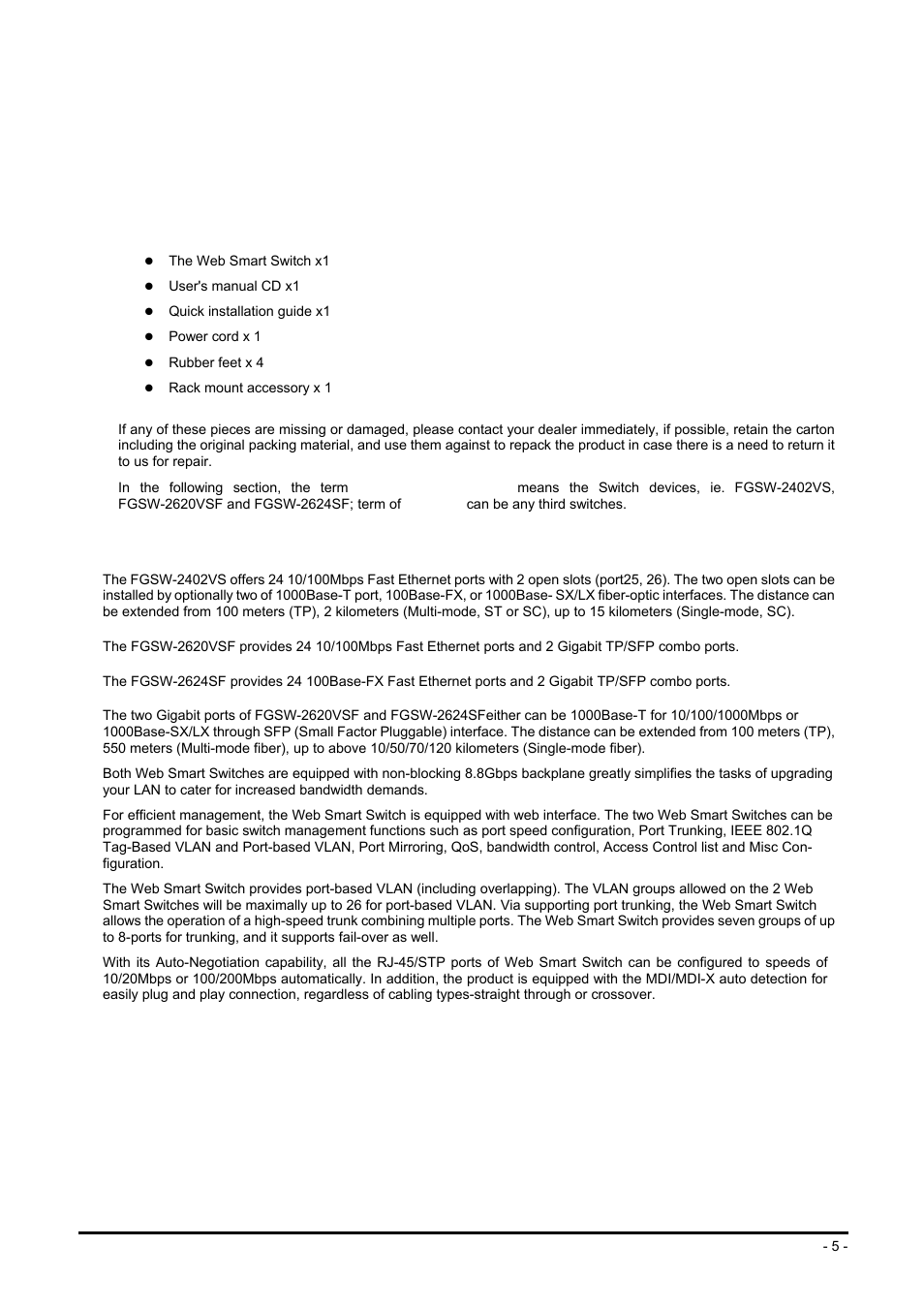 Introduction, 1 checklist, 2 about the switch | Hecklist, Bout the, Witch | Planet Technology FGSW-2624SF User Manual | Page 5 / 89