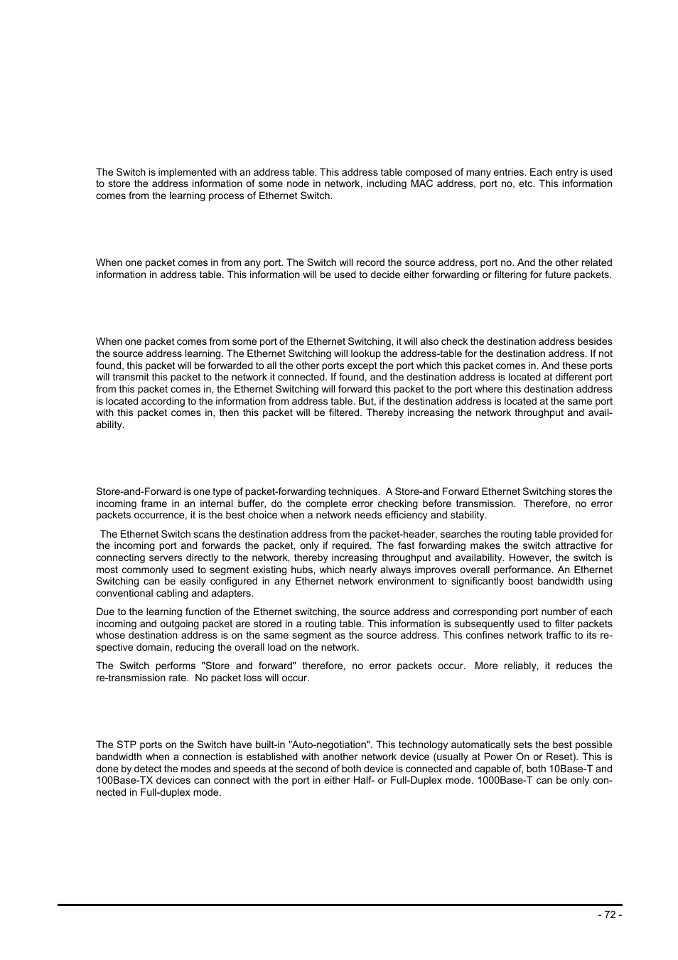 Switch operation, 1 address table, 2 learning | 3 forwarding & filtering, 4 store-and-forward, 5 auto-negotiation, Ddress, Able, Earning, Orwarding | Planet Technology FGSW-2624SF User Manual | Page 72 / 89