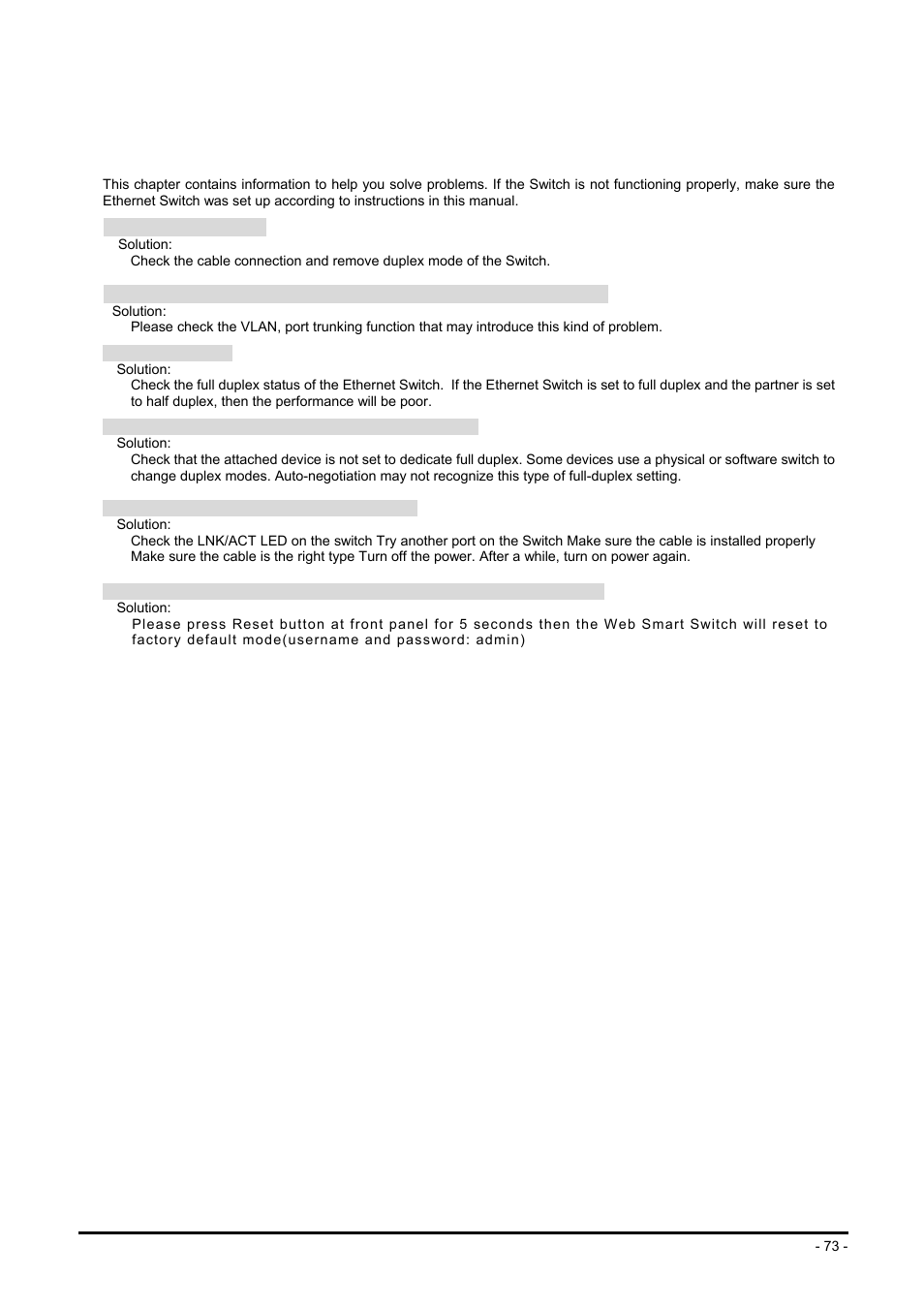 Troubleshooting | Planet Technology FGSW-2624SF User Manual | Page 73 / 89