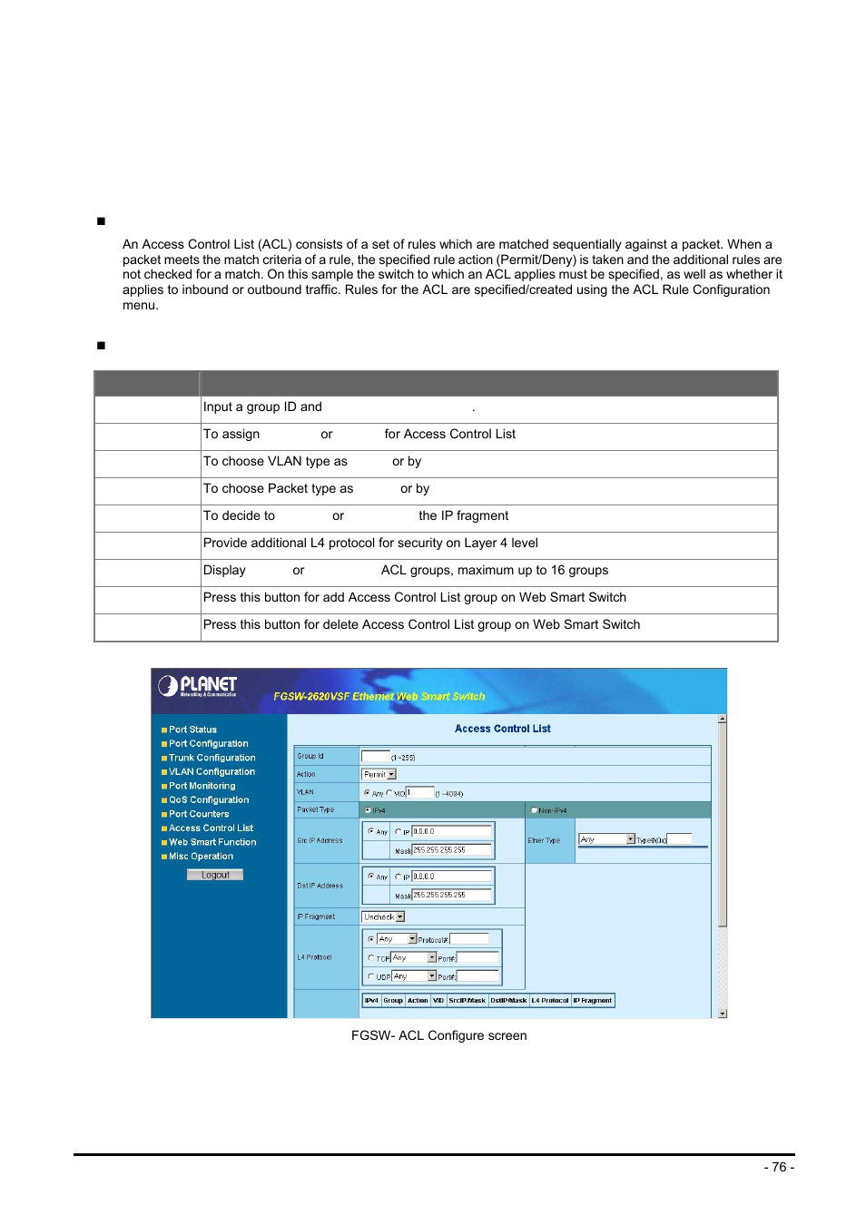 Appendix b - access control list application guide | Planet Technology FGSW-2624SF User Manual | Page 76 / 89