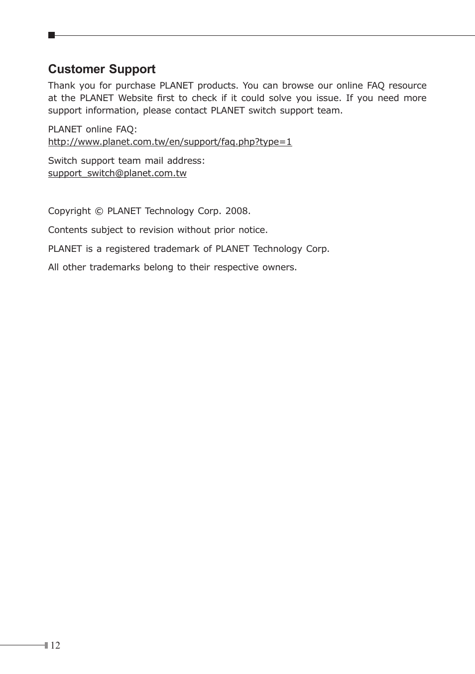 Customer support | Planet Technology SGSW-2840 User Manual | Page 12 / 12