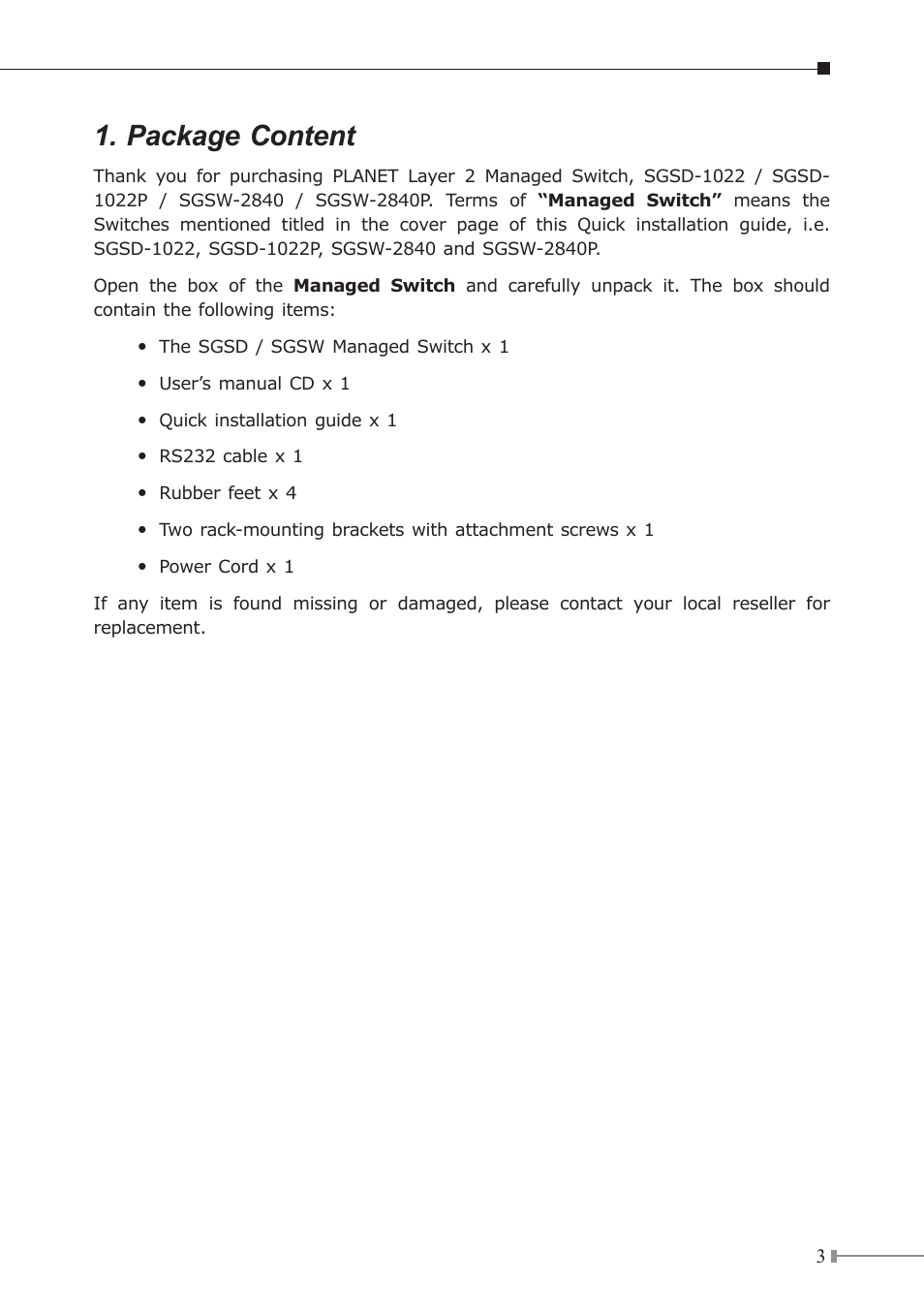 Package content | Planet Technology SGSW-2840 User Manual | Page 3 / 12