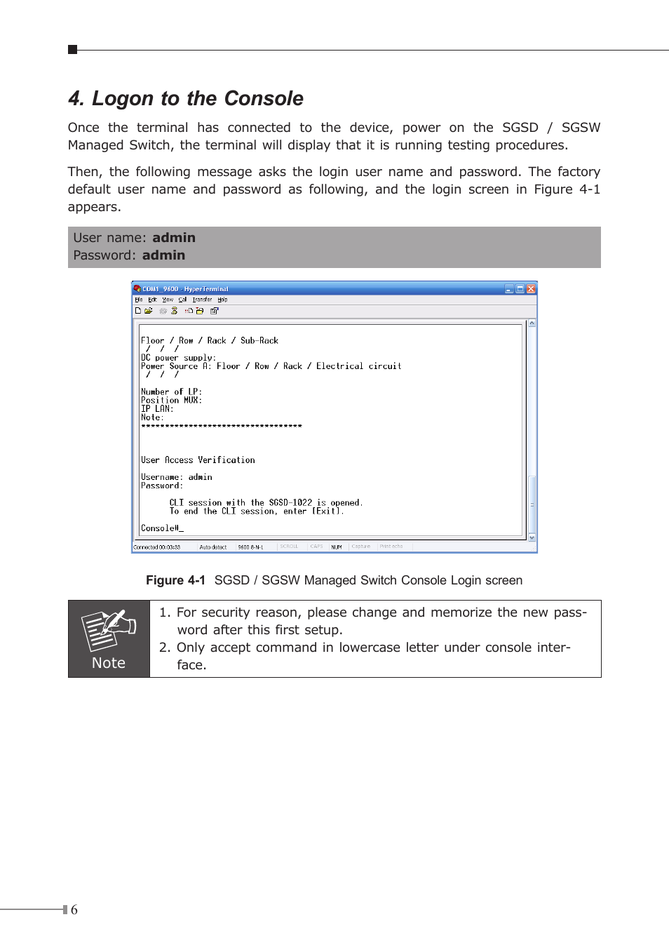 Logon to the console | Planet Technology SGSW-2840 User Manual | Page 6 / 12