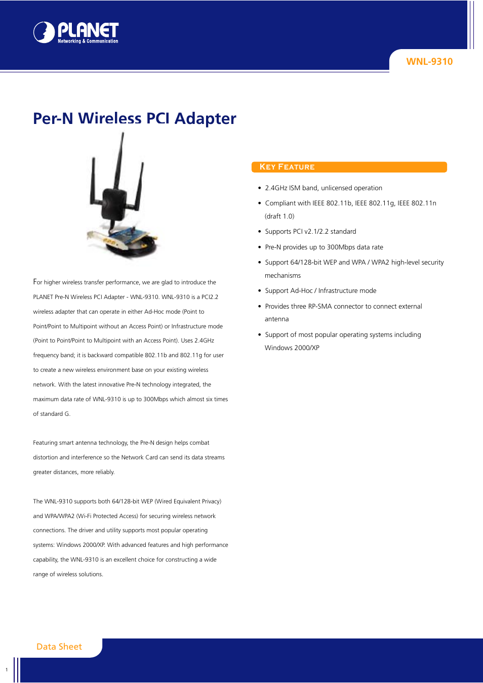 Planet Technology WNL-9310 User Manual | 2 pages