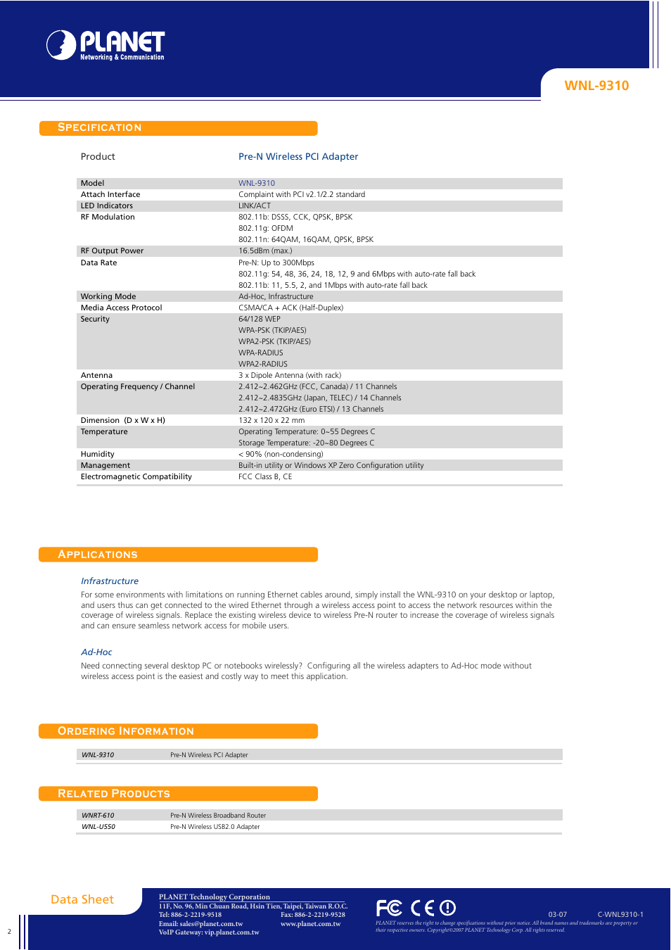 Wnl-9310, Specification applications ordering information, Related products | Data sheet | Planet Technology WNL-9310 User Manual | Page 2 / 2