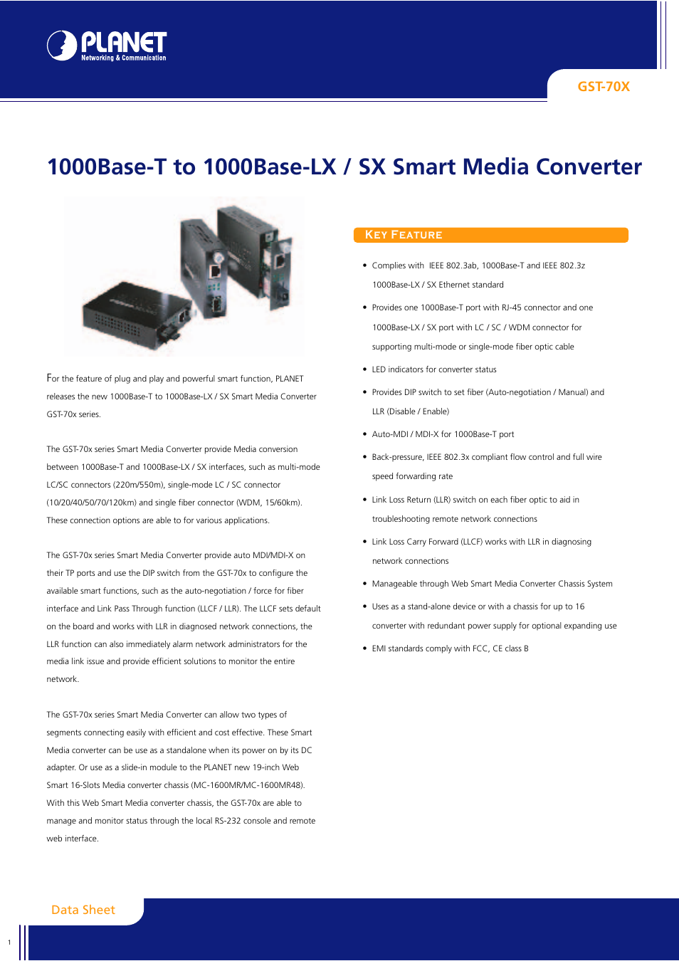 Planet Technology SMART MEDIA CONVERTER GST-70X User Manual | 2 pages