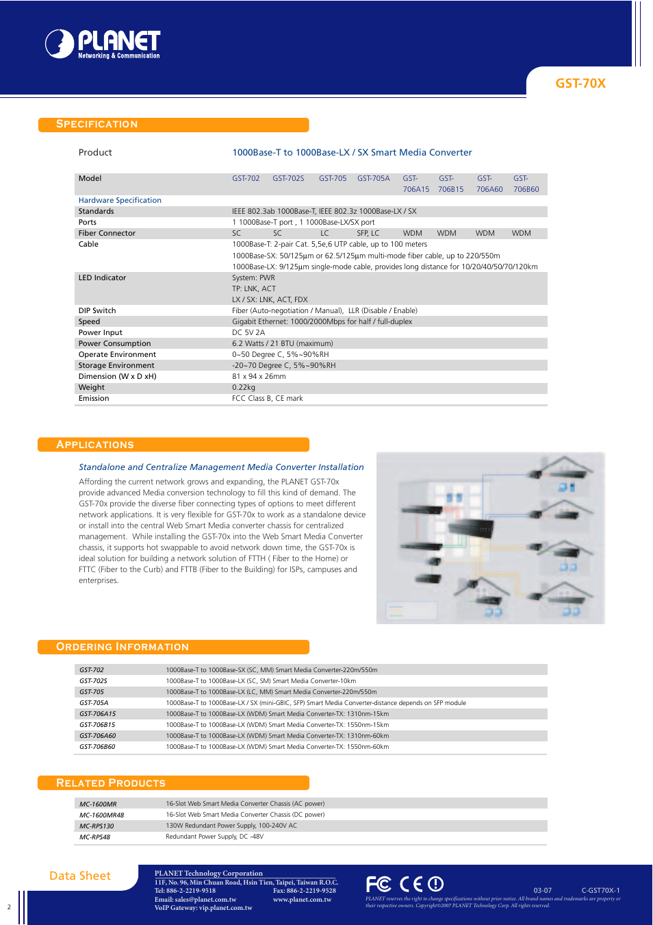 Gst-70x, Specification applications ordering information, Related products | Data sheet | Planet Technology SMART MEDIA CONVERTER GST-70X User Manual | Page 2 / 2