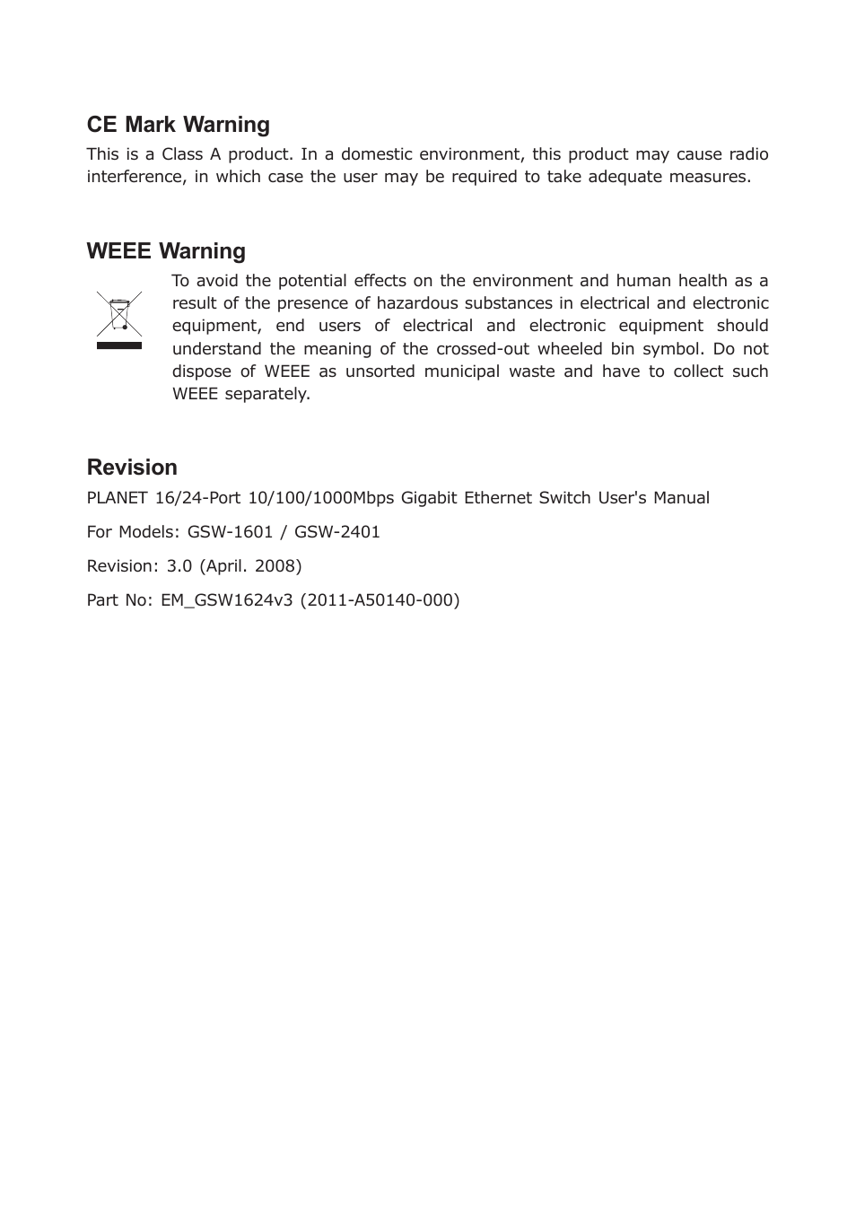 Ce mark warning, Weee warning, Revision | Planet Technology GSW-1601 User Manual | Page 3 / 16