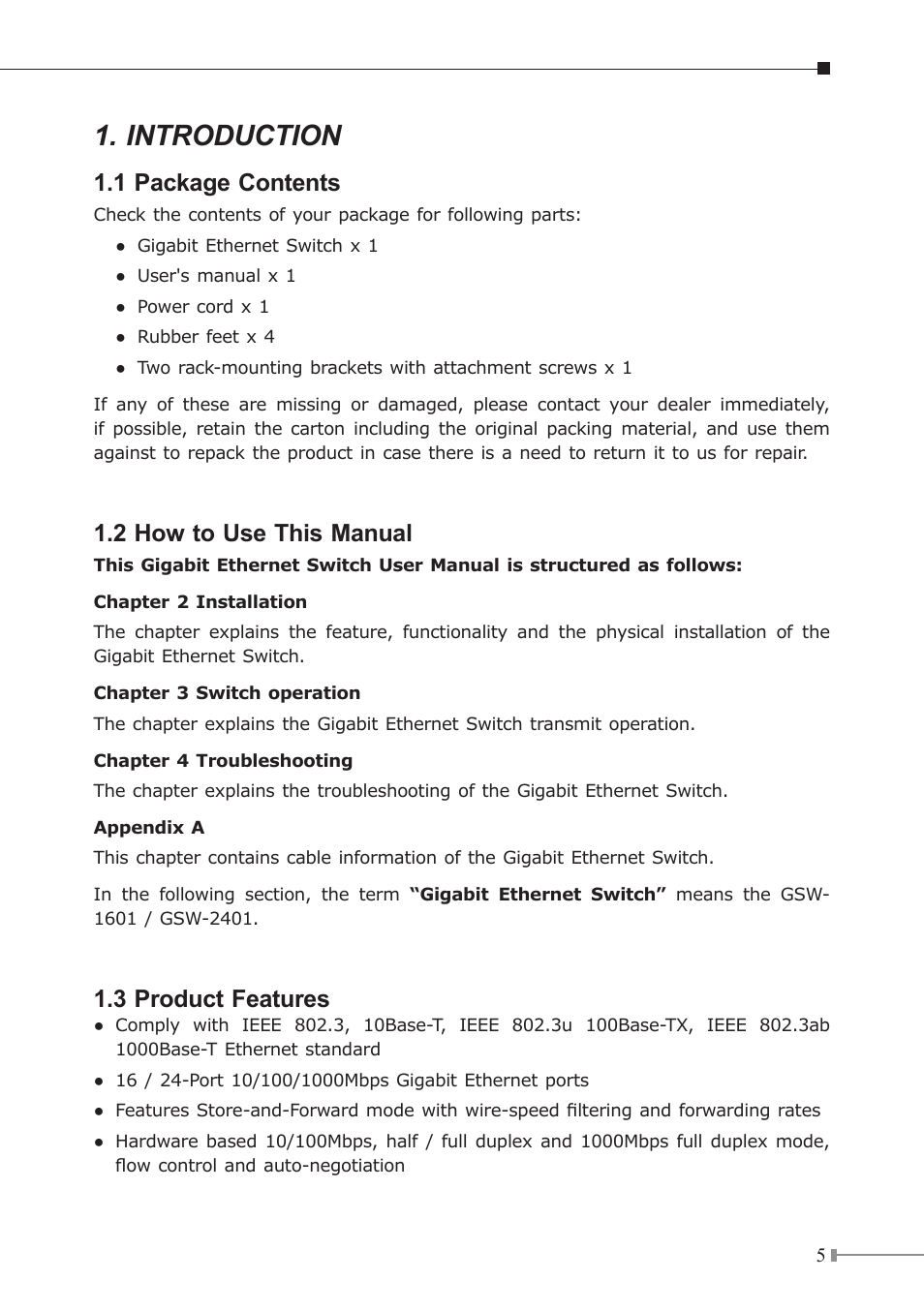 Introduction, 1 package contents, 2 how to use this manual | 3 product features | Planet Technology GSW-1601 User Manual | Page 5 / 16