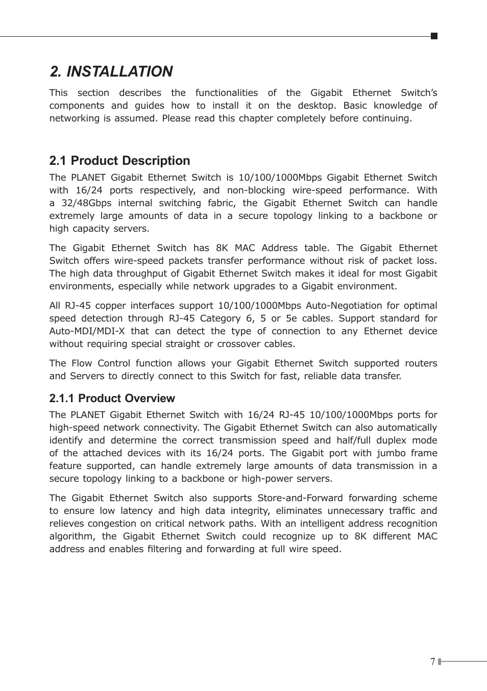 Installation, 1 product description | Planet Technology GSW-1601 User Manual | Page 7 / 16