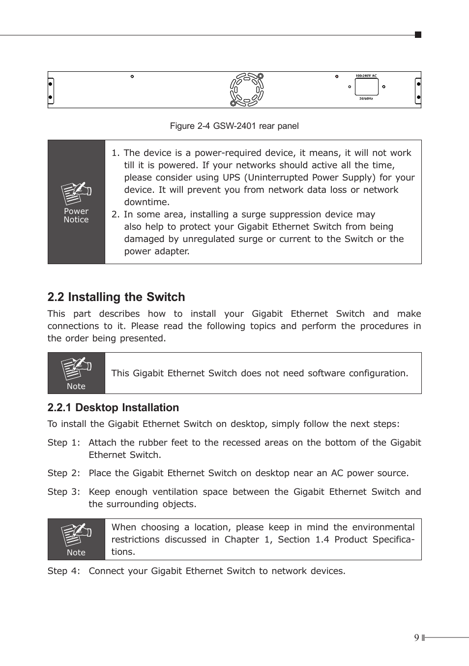 2 installing the switch, 1 desktop installation | Planet Technology GSW-1601 User Manual | Page 9 / 16