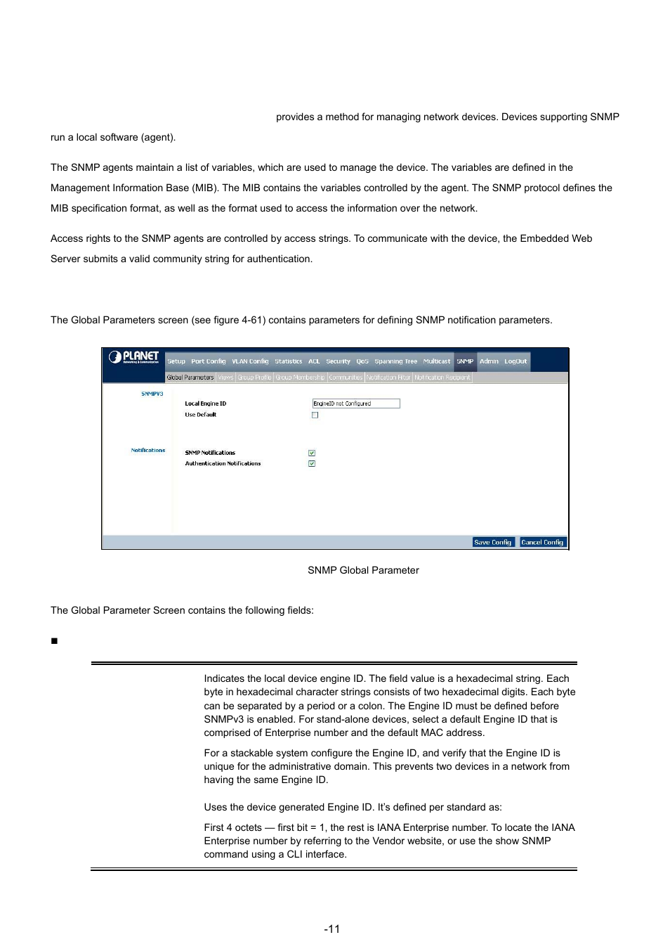 11 snmp, 1 global parameters | Planet Technology WGSW-48040 User Manual | Page 118 / 371