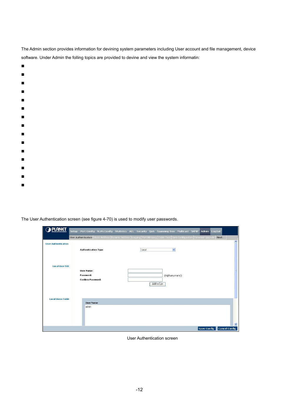 12 admin, 1 user authentication | Planet Technology WGSW-48040 User Manual | Page 128 / 371