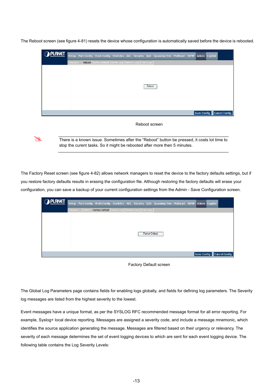 10 reboot, 11 factory defaults, 12 server logs | Planet Technology WGSW-48040 User Manual | Page 138 / 371