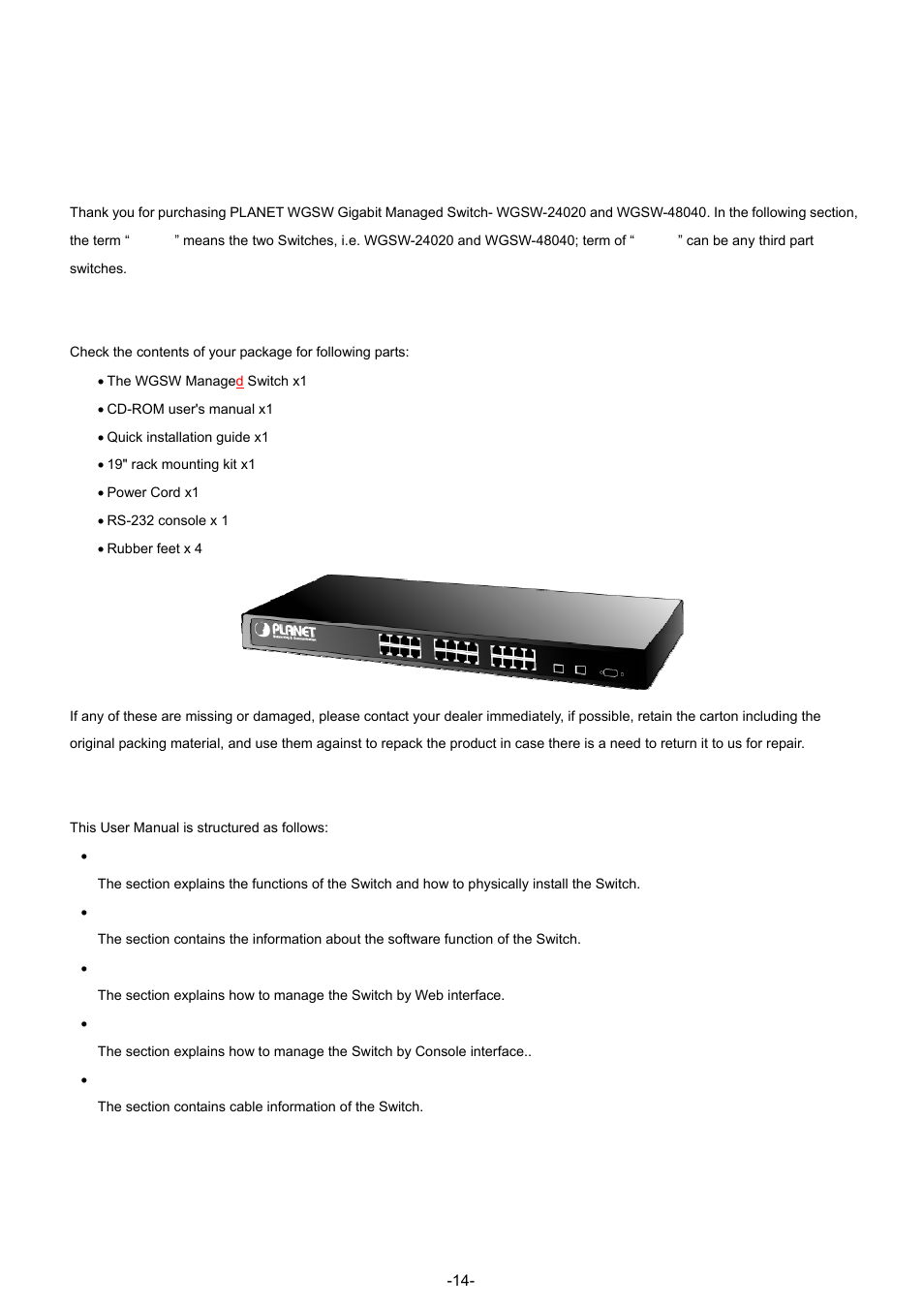 Introduction, 1 packet contents, 2 how to use this manual | Planet Technology WGSW-48040 User Manual | Page 14 / 371