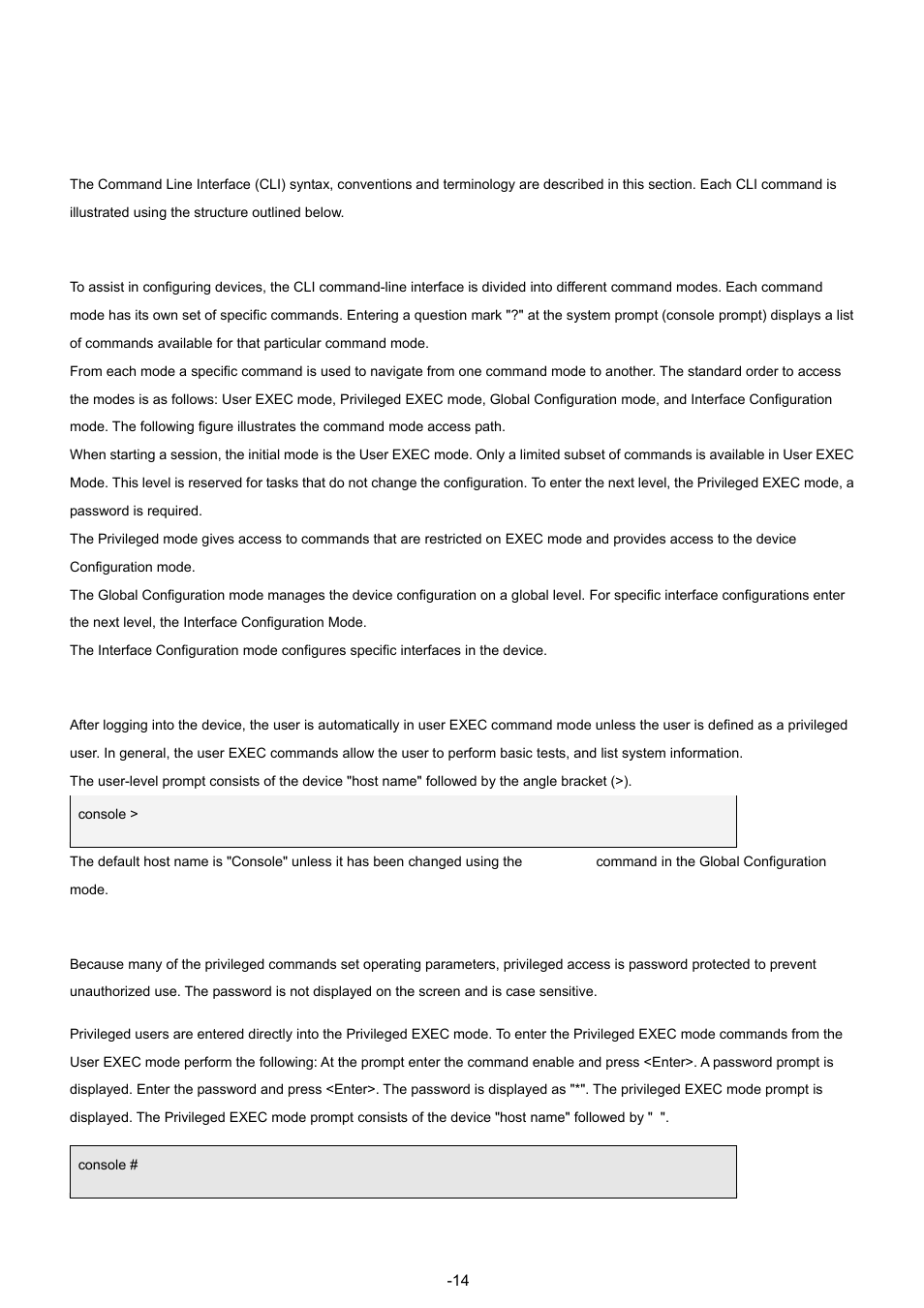 2 using the cli, 1 cli command modes, Introduction | User exec mode, Privileged exec mode | Planet Technology WGSW-48040 User Manual | Page 143 / 371