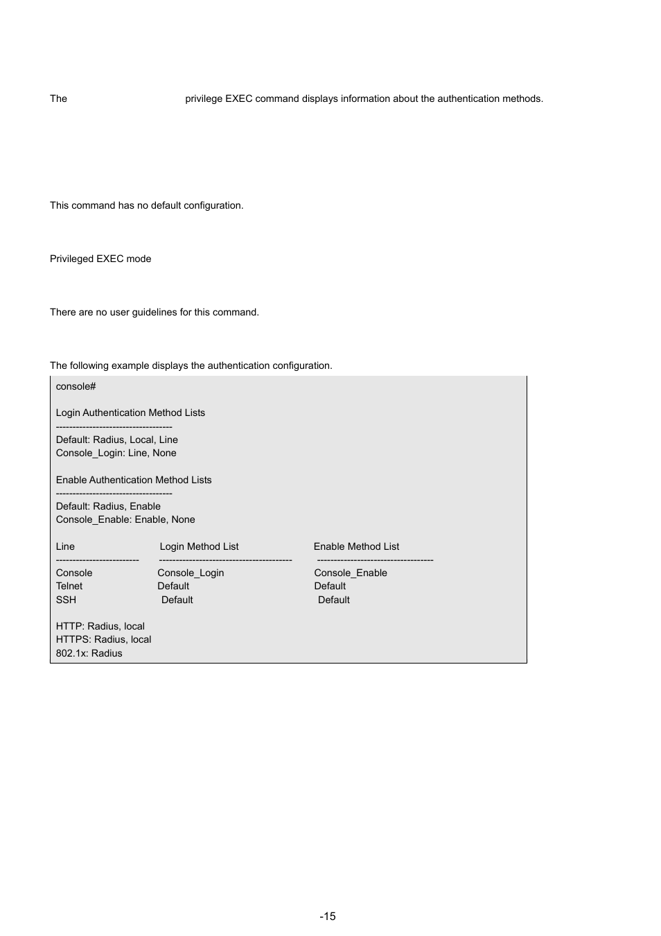 7 show authentication methods, Syntax, Default configuration | Command mode, User guidelines, Example | Planet Technology WGSW-48040 User Manual | Page 155 / 371