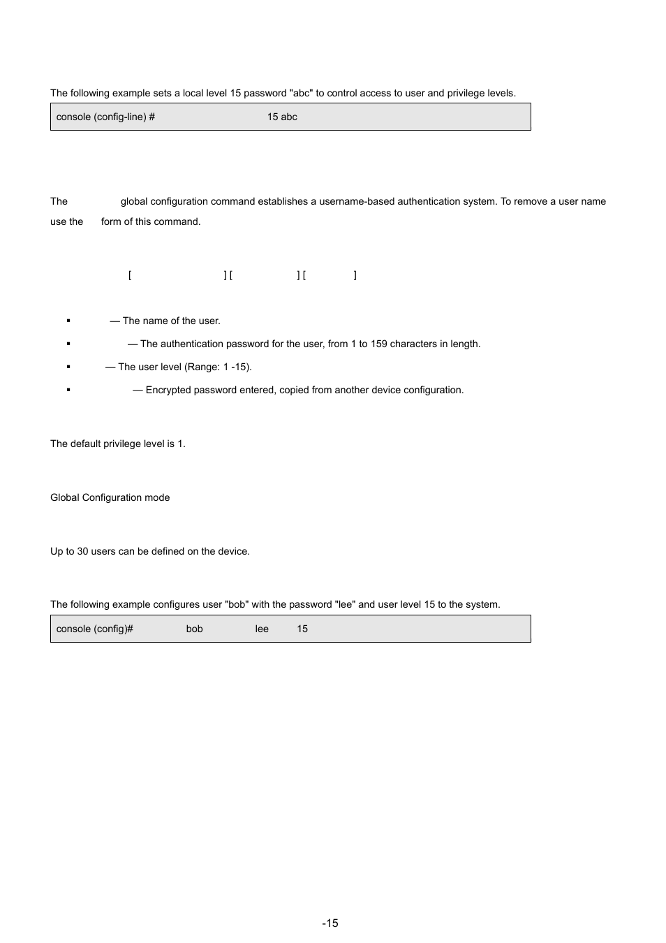 10 username, Example, Syntax | Default configuration, Command mode, User guidelines | Planet Technology WGSW-48040 User Manual | Page 157 / 371