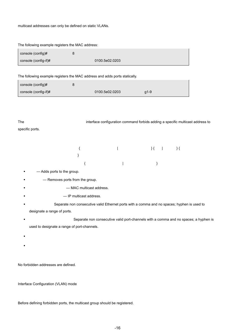 4 bridge multicast forbidden address, Examples, Syntax | Default configuration, Command modes, User guidelines | Planet Technology WGSW-48040 User Manual | Page 161 / 371