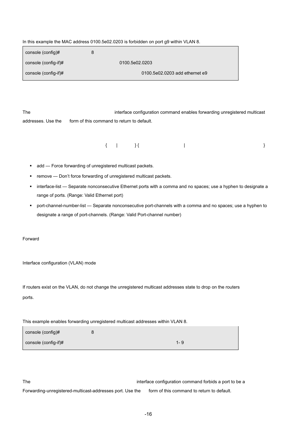 5 bridge multicast forward-unregistered, 6 bridge multicast forbidden forward-unregistered, Examples | Syntax, Default configuration, Command modes, User guidelines | Planet Technology WGSW-48040 User Manual | Page 162 / 371