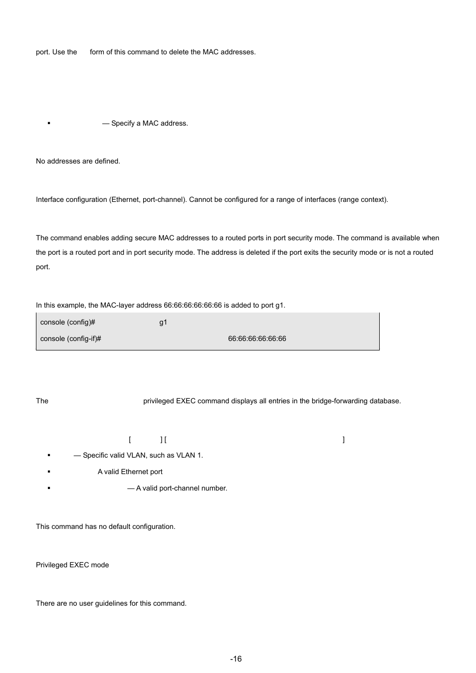 13 show bridge address-table, Syntax, Default configuration | Command mode, User guidelines, Example | Planet Technology WGSW-48040 User Manual | Page 167 / 371