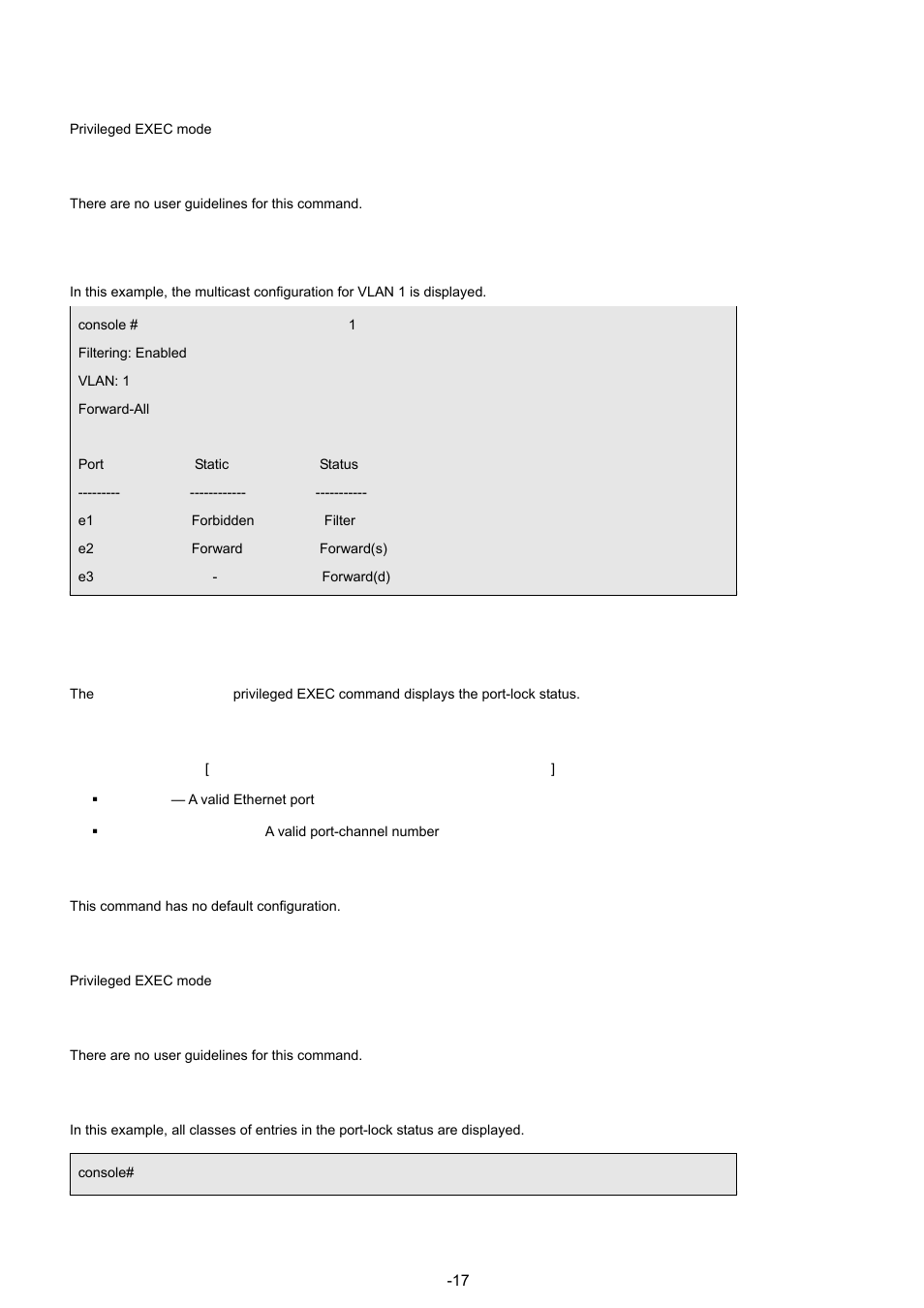 18 show ports security, Example, Command mode | User guidelines, Syntax, Default configuration | Planet Technology WGSW-48040 User Manual | Page 171 / 371