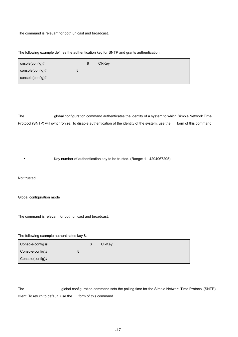 7 sntp trusted-key, 8 sntp client poll timer, User guidelines | Examples, Syntax, Default configuration, Command mode | Planet Technology WGSW-48040 User Manual | Page 177 / 371