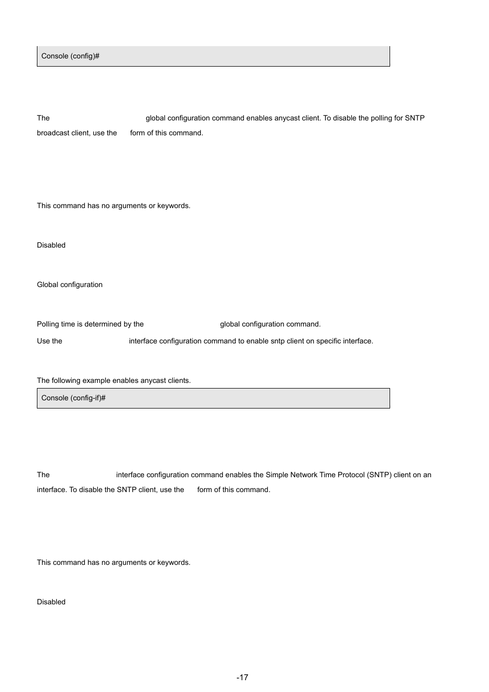 10 sntp anycast client enable, 11 sntp client enable (interface), Syntax | Default configuration, Command mode, User guidelines, Examples | Planet Technology WGSW-48040 User Manual | Page 179 / 371