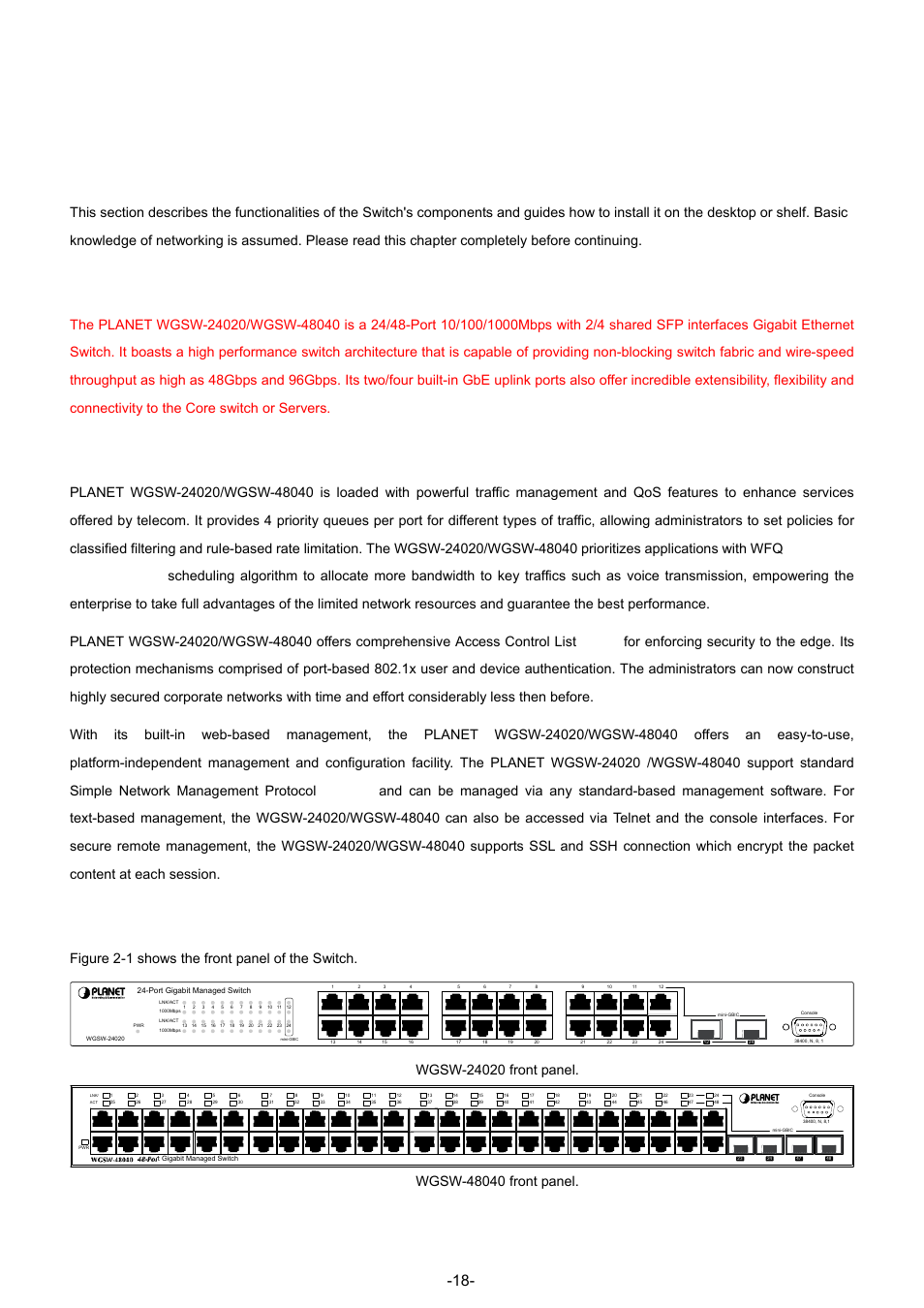 Installation, 1 product description, 1 product overview | 2 switch front panel, Figure 2-1 shows the front panel of the switch | Planet Technology WGSW-48040 User Manual | Page 18 / 371