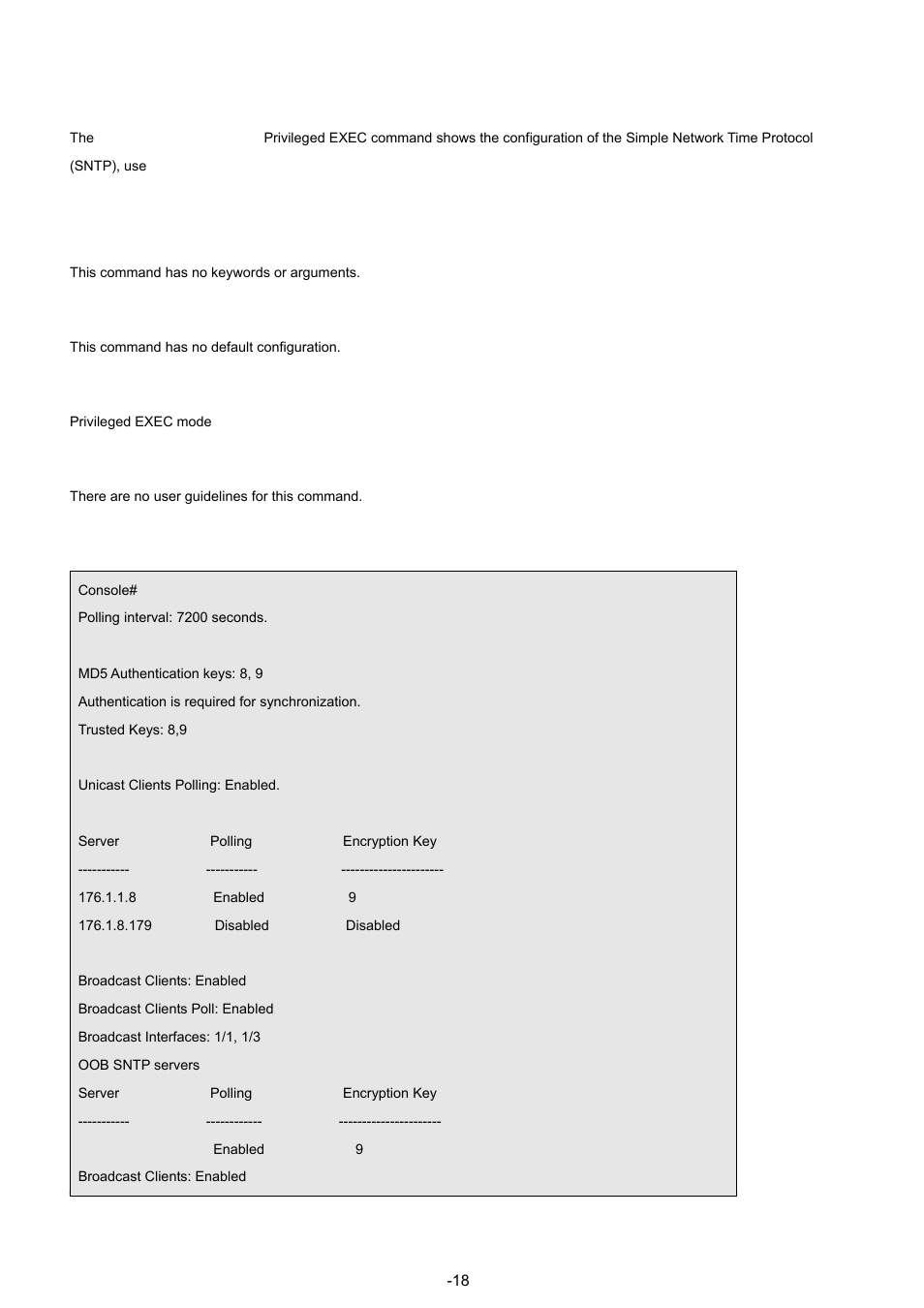 16 show sntp configuration, Syntax, Default configuration | Command mode, User guidelines, Examples | Planet Technology WGSW-48040 User Manual | Page 183 / 371