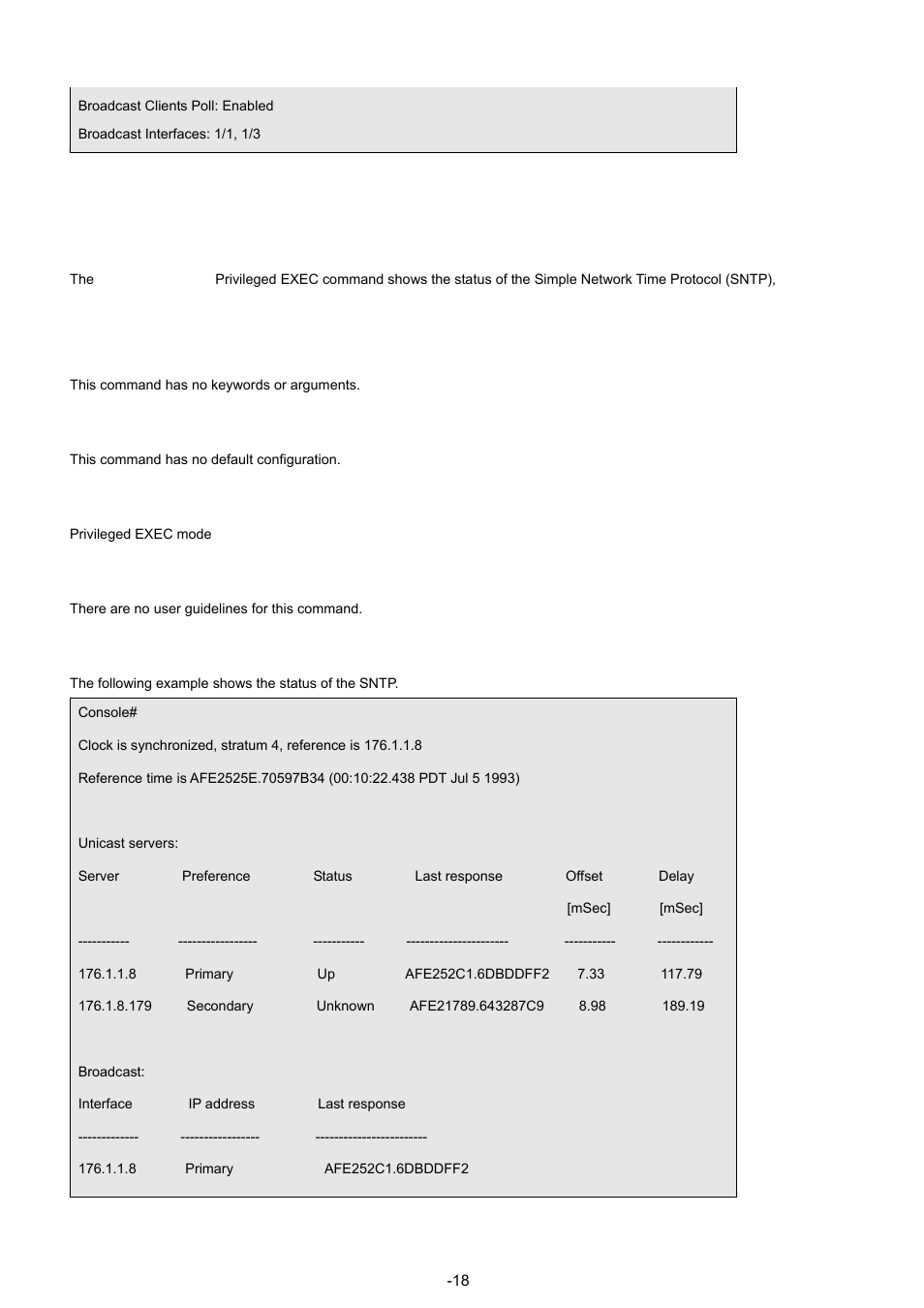 17 show sntp status, Syntax, Default configuration | Command mode, User guidelines, Examples | Planet Technology WGSW-48040 User Manual | Page 184 / 371