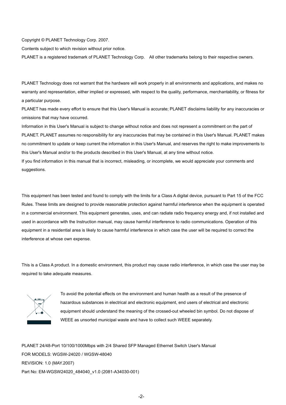 Trademarks, Disclaimer, Fcc warning | Ce mark warning, Weee warning, Revision | Planet Technology WGSW-48040 User Manual | Page 2 / 371