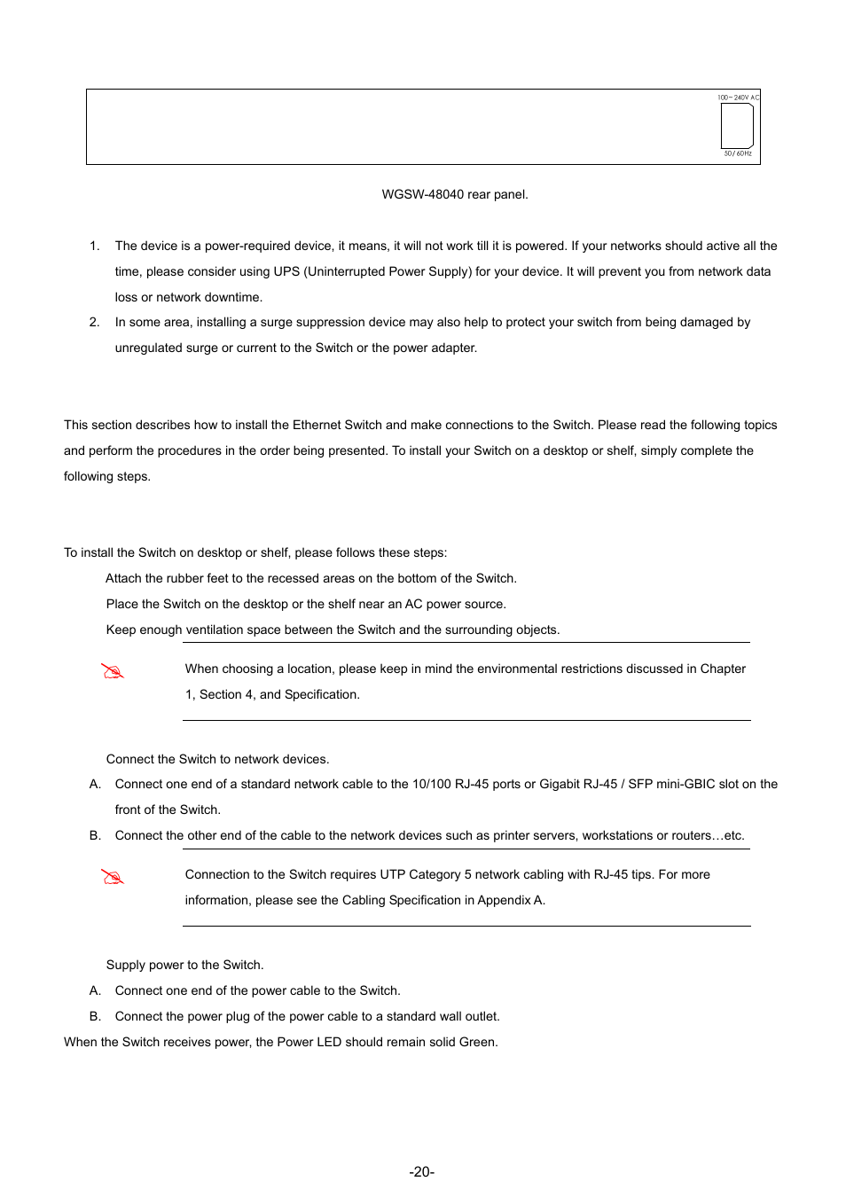 2 install the switch, 1 desktop installation | Planet Technology WGSW-48040 User Manual | Page 20 / 371