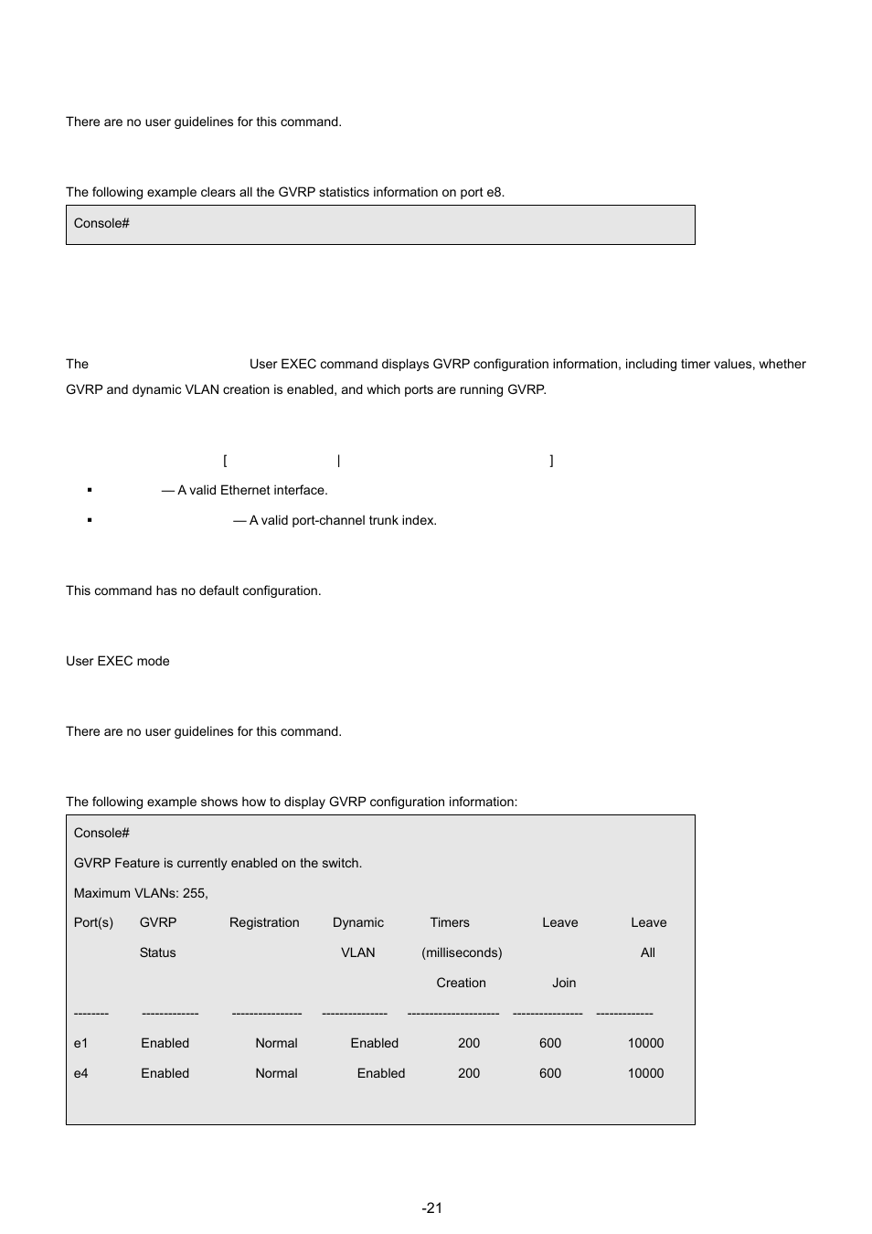 8 show gvrp configuration, User guidelines, Example | Syntax, Default configuration, Command mode | Planet Technology WGSW-48040 User Manual | Page 211 / 371
