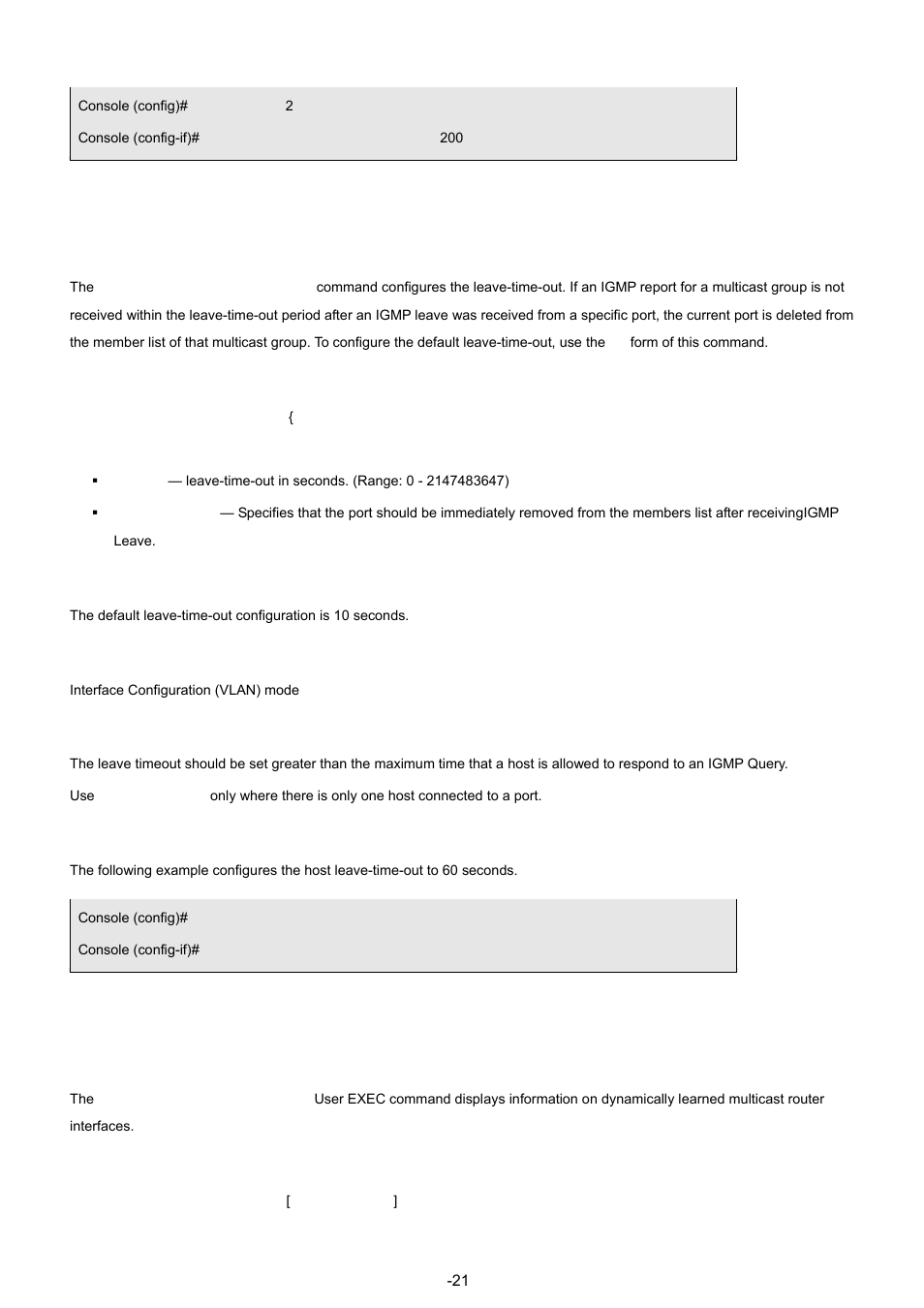 6 ip igmp snooping leave-time-out, 7 show ip igmp snooping mrouter, Syntax | Default configuration, Command mode, User guidelines, Example | Planet Technology WGSW-48040 User Manual | Page 217 / 371