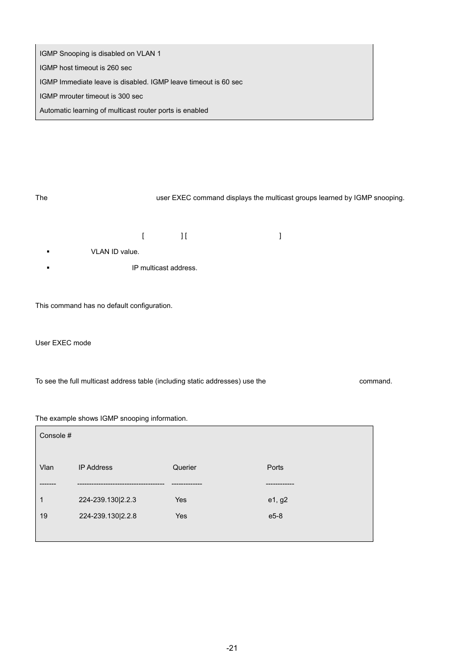 9 show ip igmp snooping groups, Syntax, Default configuration | Command mode, User guidelines, Example | Planet Technology WGSW-48040 User Manual | Page 219 / 371