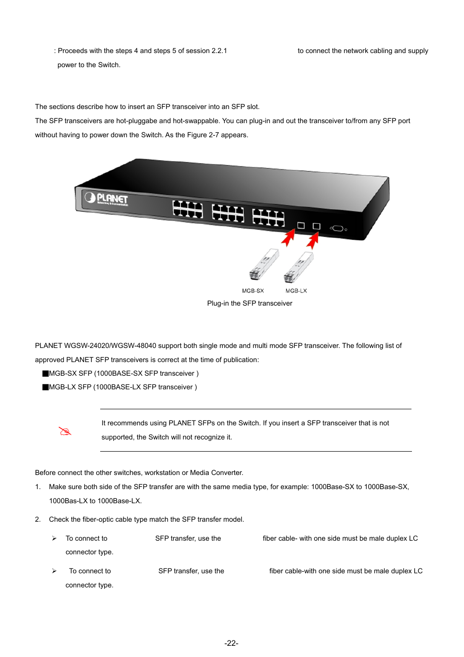 3 installing the sfp transceiver | Planet Technology WGSW-48040 User Manual | Page 22 / 371