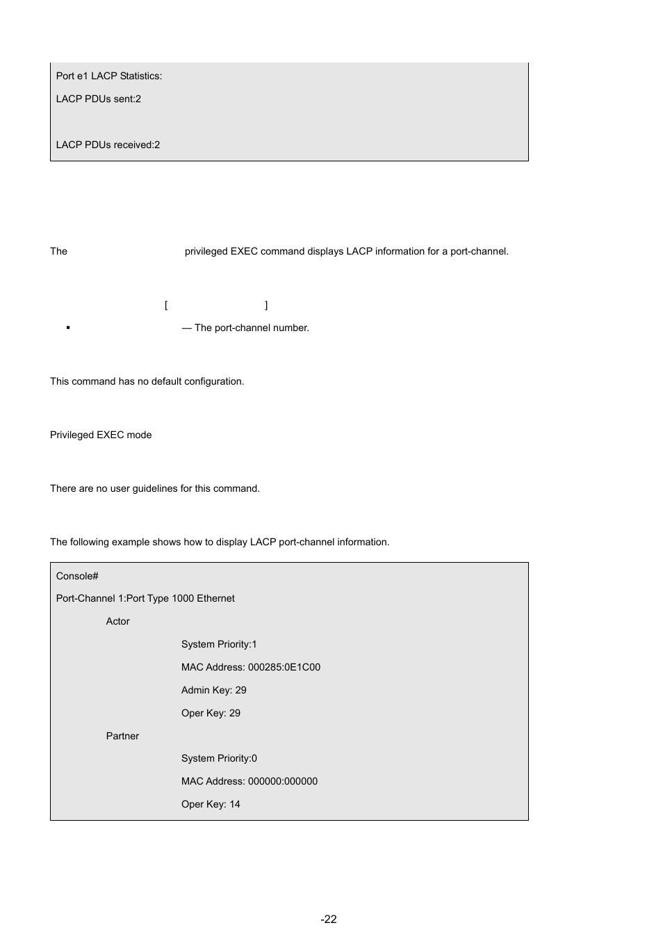 5 show lacp port-channel, Syntax, Default configuration | Command mode, User guidelines, Example | Planet Technology WGSW-48040 User Manual | Page 228 / 371