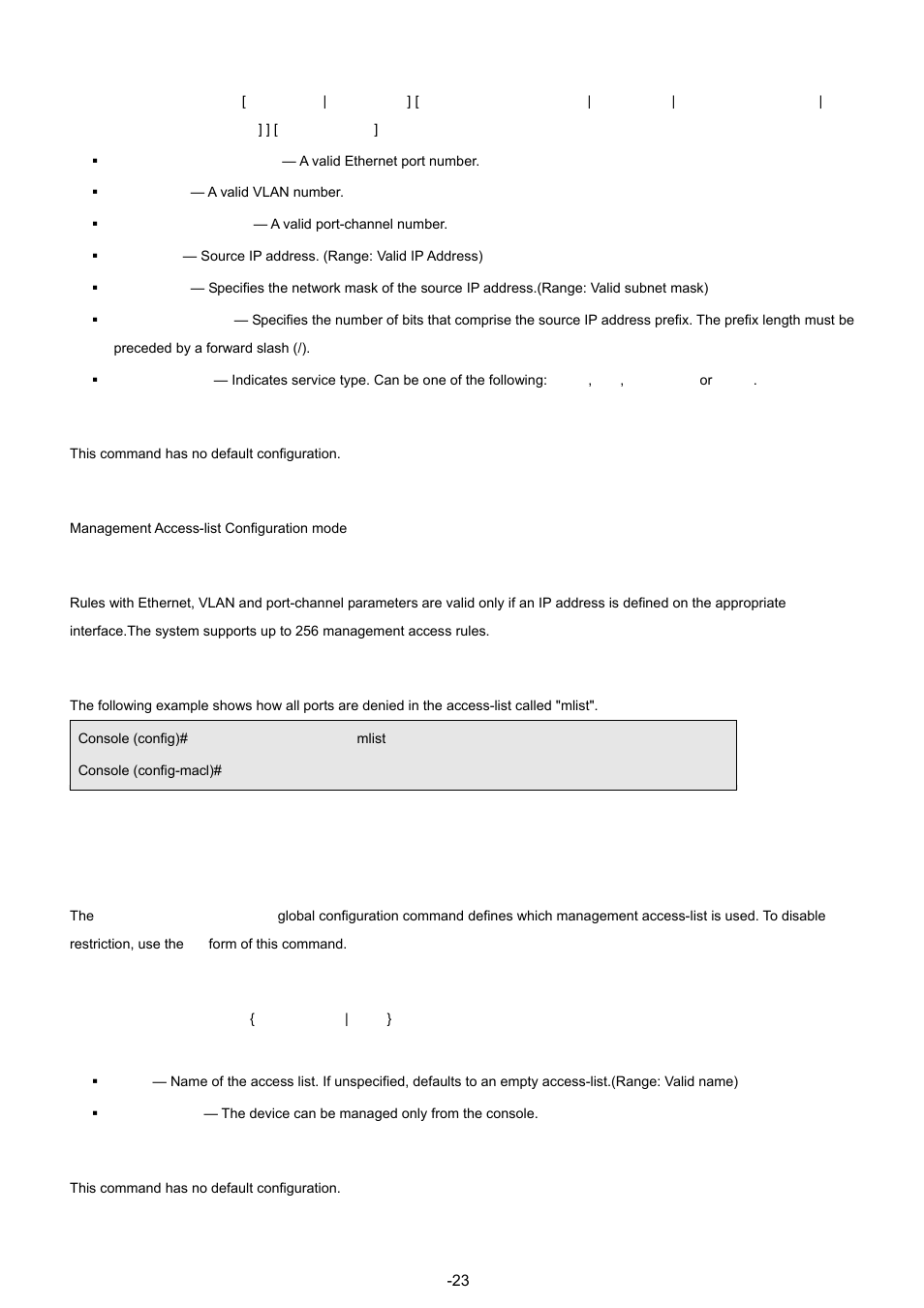 4 management access-class, Default configuration, Command mode | User guidelines, Example, Syntax | Planet Technology WGSW-48040 User Manual | Page 234 / 371