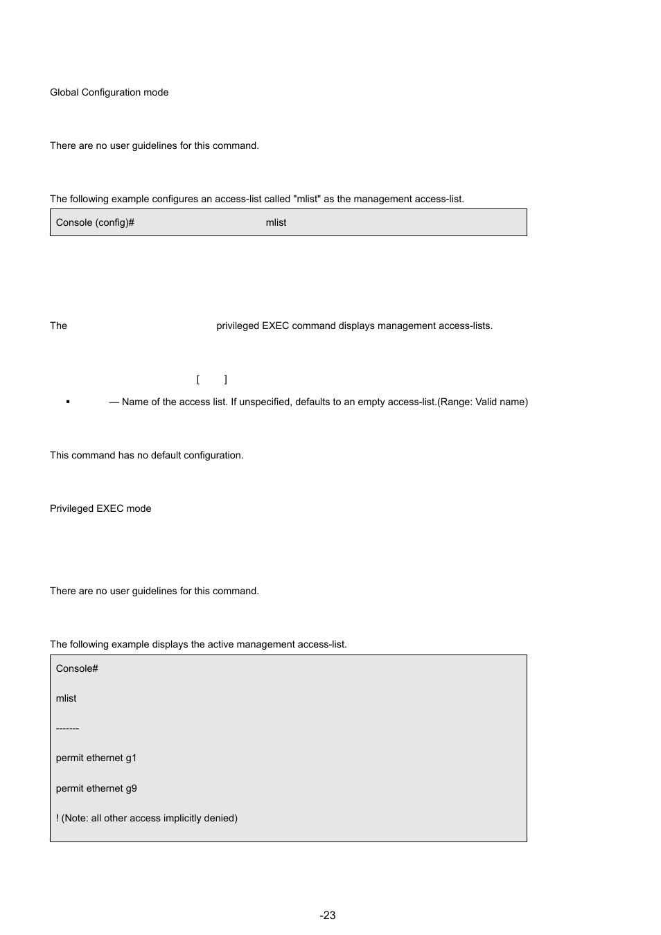 5 show management access-list, Command mode, User guidelines | Example, Syntax, Default configuration | Planet Technology WGSW-48040 User Manual | Page 235 / 371