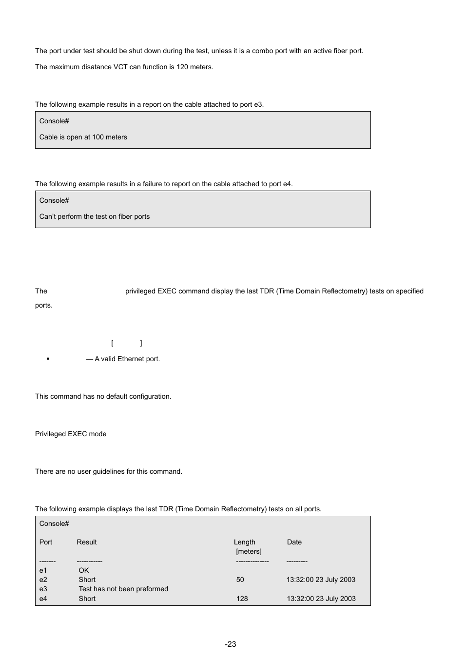 2 show copper-ports tdr, Examples, Syntax | Default configuration, Command mode, User guidelines, Example | Planet Technology WGSW-48040 User Manual | Page 237 / 371