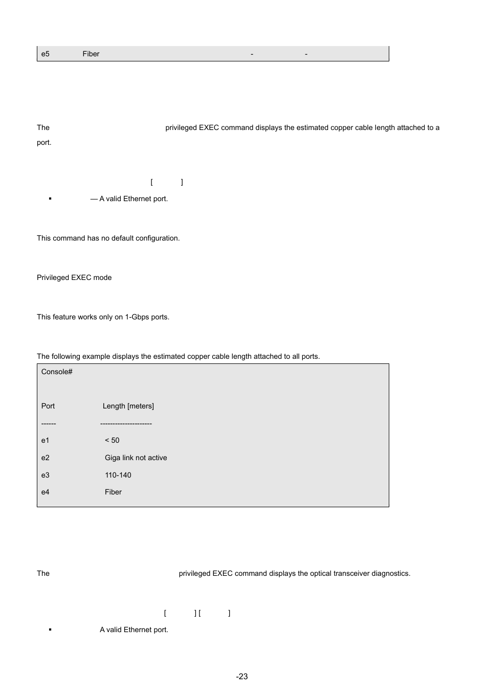 3 show copper-ports cable-length, 4 show fiber-ports optical-transceiver, Syntax | Default configuration, Command mode, User guidelines, Example | Planet Technology WGSW-48040 User Manual | Page 238 / 371