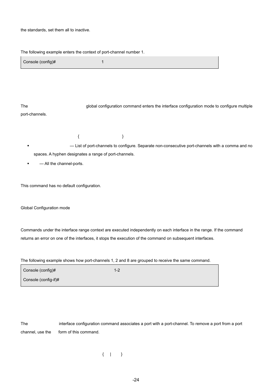 2 interface range port-channel, 3 channel-group, Example | Syntax, Default configuration, Command mode, User guidelines | Planet Technology WGSW-48040 User Manual | Page 241 / 371