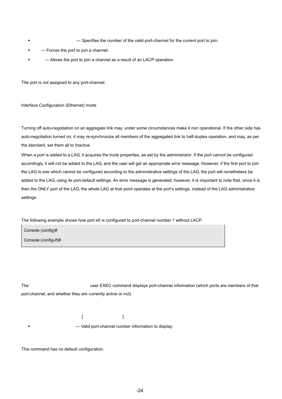 4 show interfaces port-channel, Default configuration, Command mode | User guidelines, Example, Syntax | Planet Technology WGSW-48040 User Manual | Page 242 / 371