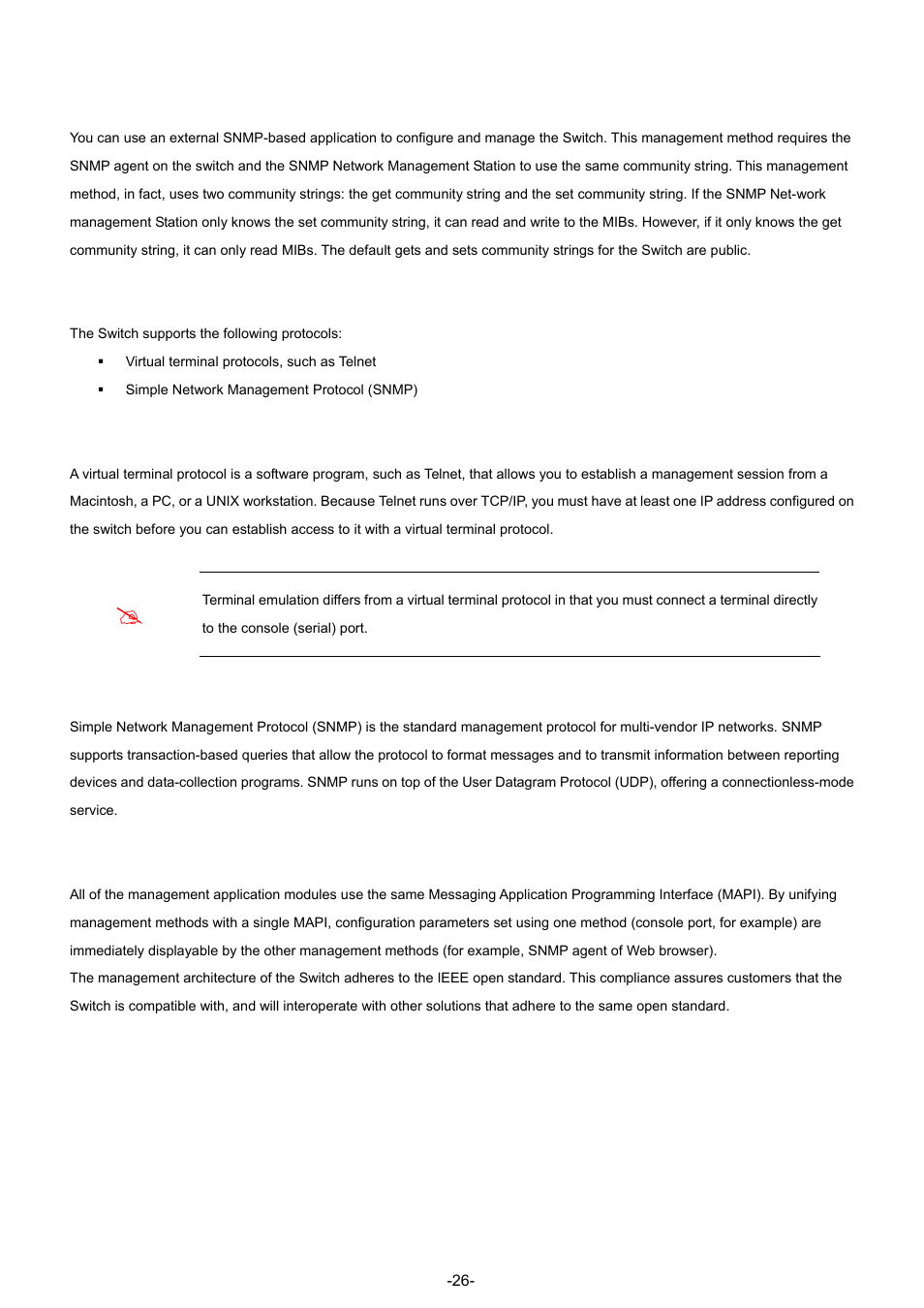 3 snmp-based network management, 4 protocols, 1 virtual terminal protocols | 2 snmp protocol, 3 management architecture | Planet Technology WGSW-48040 User Manual | Page 26 / 371