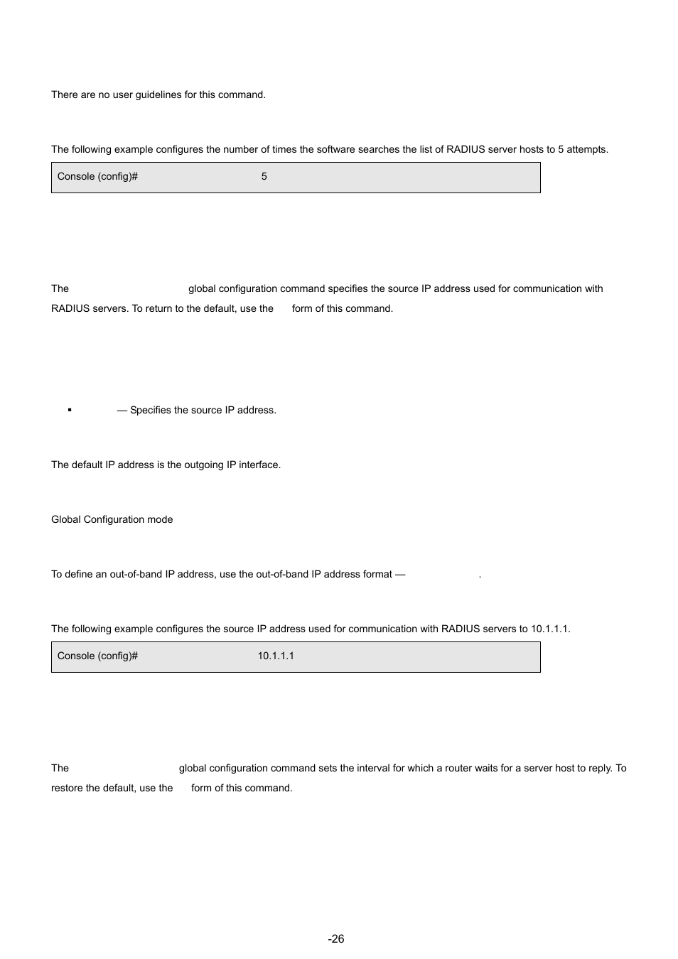 4 radius-server source-ip, 5 radius-server timeout | Planet Technology WGSW-48040 User Manual | Page 260 / 371