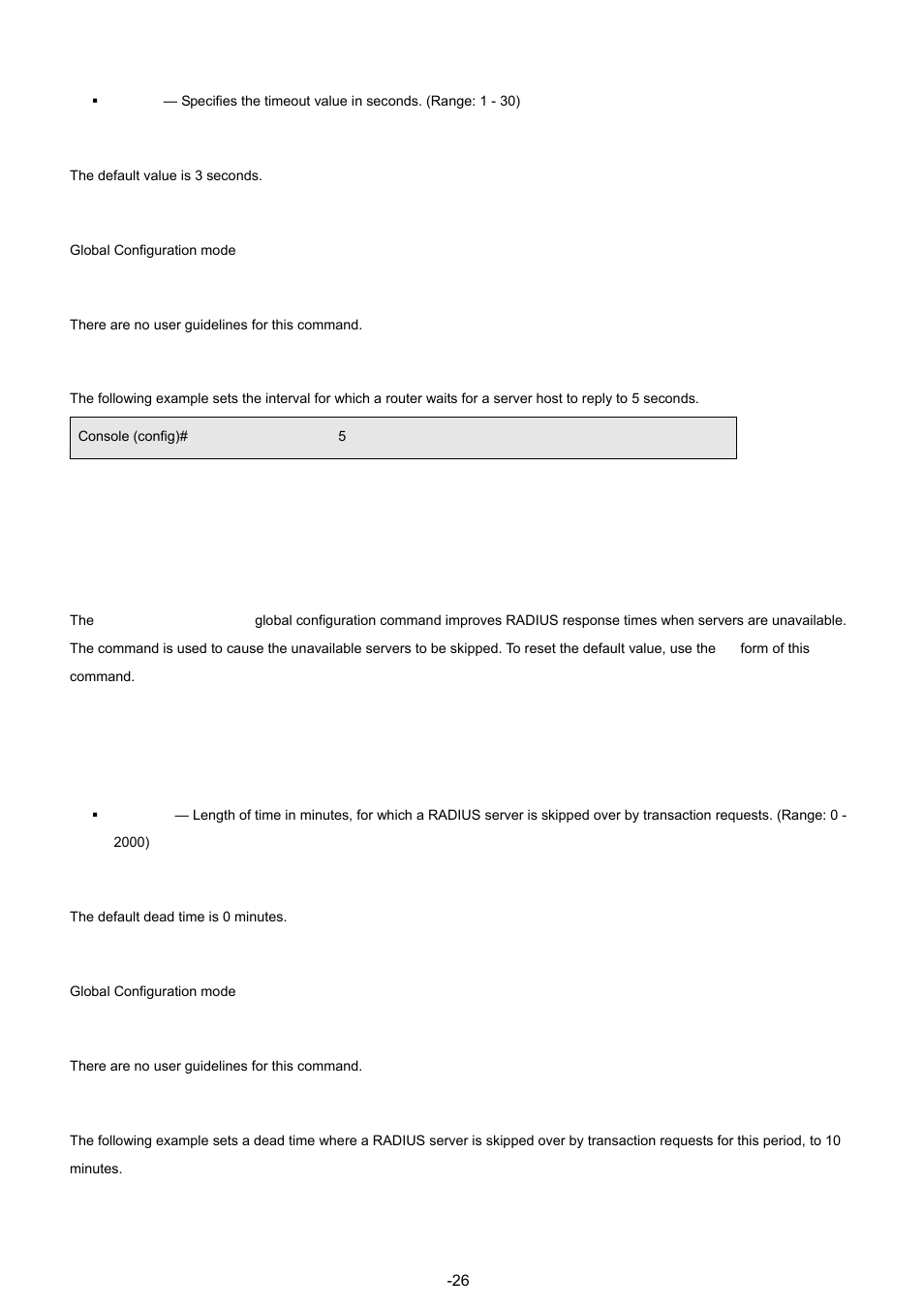 6 radius-server deadtime, Default configuration, Command mode | User guidelines, Example, Syntax | Planet Technology WGSW-48040 User Manual | Page 261 / 371