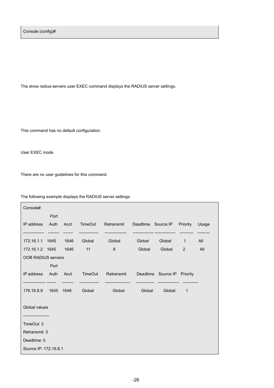 7 show radius-servers, Syntax, Default configuration | Command mode, User guidelines, Examples | Planet Technology WGSW-48040 User Manual | Page 262 / 371